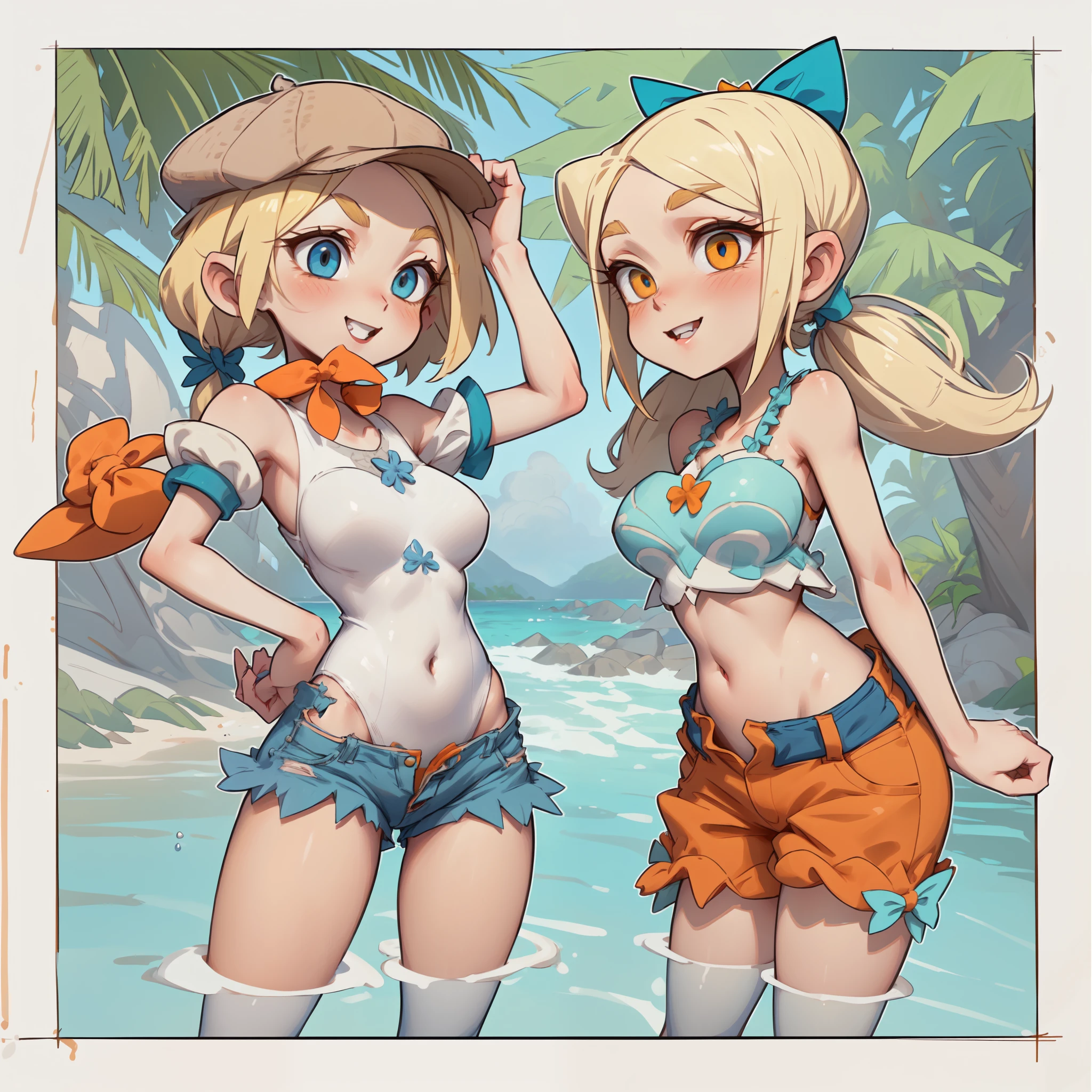 [Twitch and Vinegar], ((masterpiece)), ((HD)), ((high res)), ((duo portrait)), ((waist up)), ((front view)), ((detailed shading)), ((intricate details)), {attractive girls, (smooth skin), (yellow hair), (girl on left has short hair), (girl on right has large pigtails), (girl on left has cute blue eyes), (girl on right has cute red eyes), (curvy hips), (defined muscles), (cute smile), (white teeth)}, {(girl on left white leotard with jean shorts), (girl on left has brown ivy cap), (girl on right has crop top with orange shorts), (girl on right has a giant blue bow)}, {(standing on sand), (looking at viewer)}, [background; (beach), (beautiful ocean), (blue sky), (sun rays)]