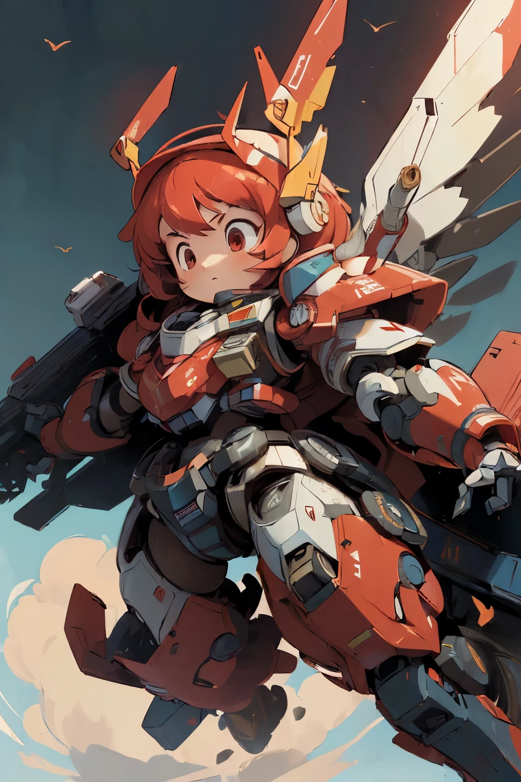 (((1girl floating in the sky, ))), (large cute face), (chibi face), ((Tight-lipped)),((low-angle)), ((low-angle view)), ((mechanical parts)), ((mechanical wings)), ((mecha wings)), full armor, ((mecha musume)), (HRS), (RARS), (full armor:1.5), (mecha armor:1.5), (huger arms:1.5), (battle-ready:1.2), (heavy weapons:1.5), (short legs:1.2), (huger body:2.0), ((red coloring armor:1.5)), (output booster:1.2), Heavy armament, heavy equipment, Mecha, ((from below)), red_eyes , chibi face, short hair, ((headgear)), ((full body in frame)), ((over size helm)), ((flying)), ((floating)), dynamic pose, fighting stance, (blue sky), white clouds, mechanical parts, mecha warrior, headgear, robot joints, full armor, becoming a mecha, ((looking down:2.0)), macro, mechagirl girl, BJ_Cute_Mech BREAK ((masterpiece)), vibrant colors, 8k, best quality, ultra detailed illustration, ((best quality)), ((high resolution)), flawless skin textures, shiny oiled skin, extremely detailed anime eyes , extreme light and shadows
