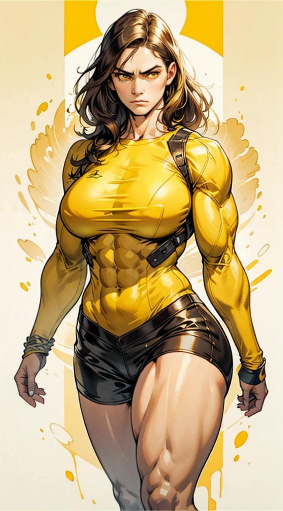 girl muscles huge breasts black long hair yellow eyes pale skin thick toned body muscular long sleeve solo solo sad sad muscular muscular