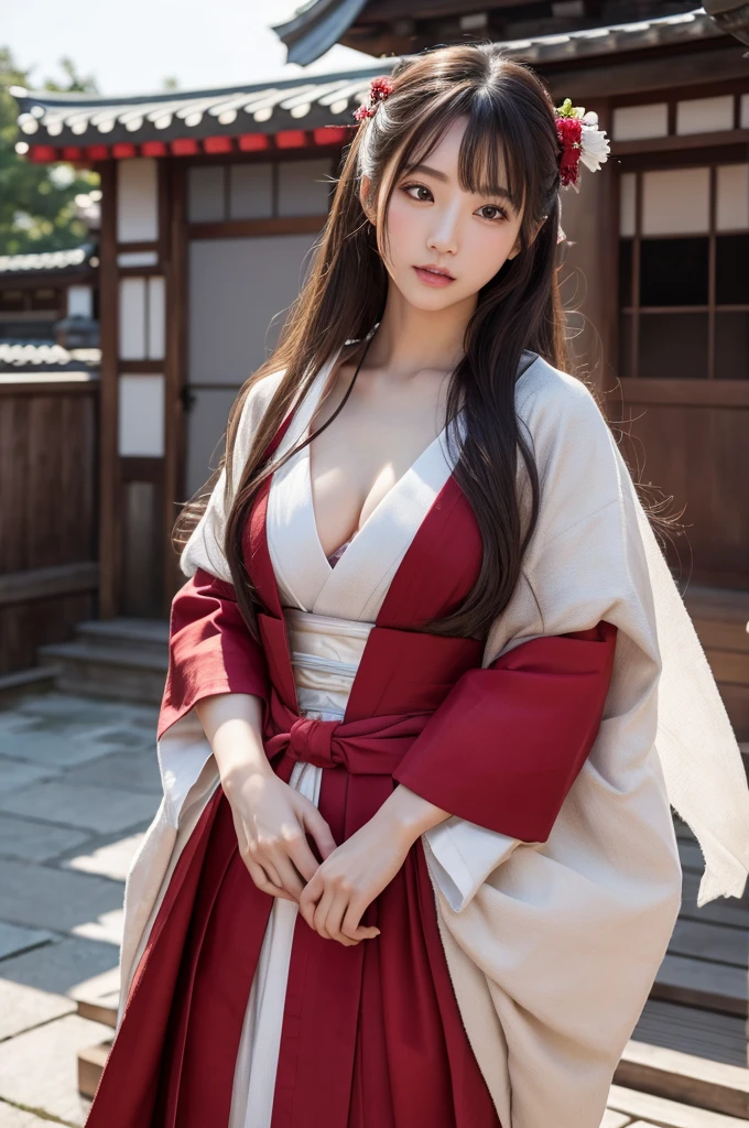 highest quality、8k Masterpiece、超A high resolution、(Photorealistic:1.3)、RAW Photos、1 girl、A plain red Japanese kimono、geta、Silvery white super long hair、Long Hair、Glowing Skin、1. Super beautiful female samurai soldiers、((Ultra-Realistic Details))、Portrait、Global Illumination、Shadow、Octane Rendering、8k、Super sharp、Beautiful breasts、Metal、Cold colors、、Very intricate details、Realistic Light、CGSoation Trend、Beautiful Eyes、Shining Eyes、Looking into the distance、Neon Details、２０age、Too beautiful face、Intelligence、Obscene、Sexy、Moe、whole body、Healthy Body、night、The background is Yoshiwara in the Edo period.、On the roof、love、Charm、mischievous、More sexy、Hands on chest、Make your background more vibrant、Fantasy、Angle to toes、Whiter skin、Standing posture、More realistic facial features、anger、Retrospective、wide shot、full body、More realistic Japanese faces、Hair flowing in the cold wind、Japanese sword、In combat、Red charm on ankle、太ももにAngelのタトゥー、Angel、The goddess