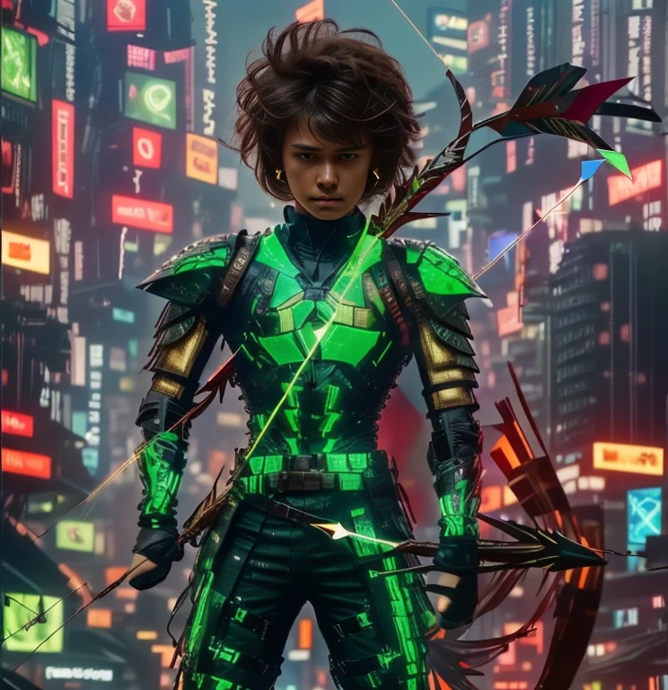 (ultra realistic,32k, masterpiece:1.2, UHD),(high detailed skin:1.1),( high quality:1.1), 1 boy, brown short raw cut hairs, brown eyes, green techno fantasy armor, cyberpunk, techno fantasy bow with ((energy bow arch)),((energy arrows)), caucasian race, light decourations, 18 years old 