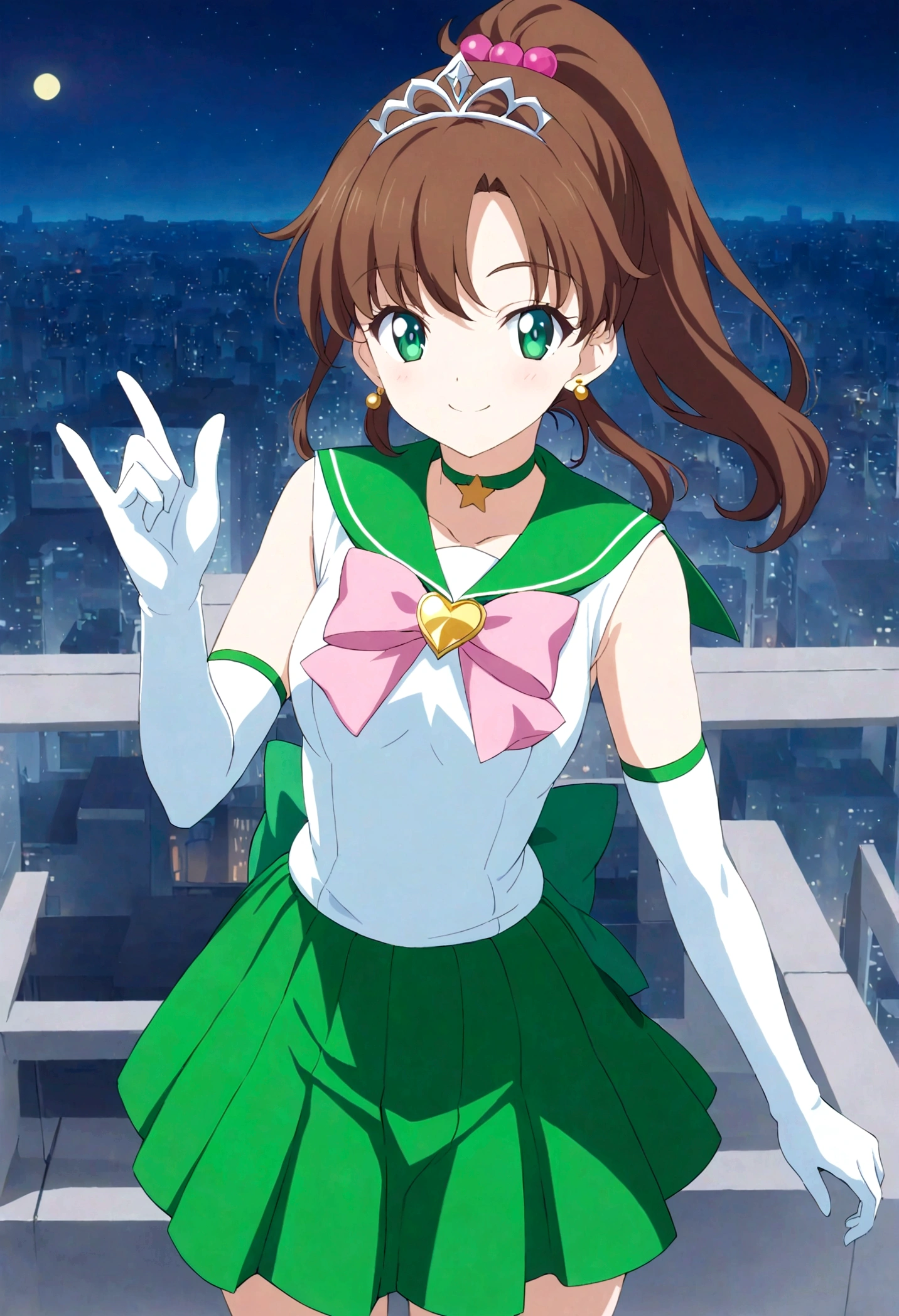 masterpiece, best quality, 1girl, solo, looking at viewer, facing viewer, night, rooftop, city, cityscape, anime screencap,1990s \(style\), (art by Naoko Takeuchi), EPsmSailorJupiter, green eyes, brown hair, long hair, ponytail, hair ornament, hair bobbles, brooch, heart brooch, jewelry, tiara, choker, green choker, star choker, skirt, green skirt, pleated skirt, bow, back bow,  pink bow,  gloves, white gloves, elbow gloves, earrings, sailor collar, star (symbol), green sailor collar, sailor senshi uniform, smile