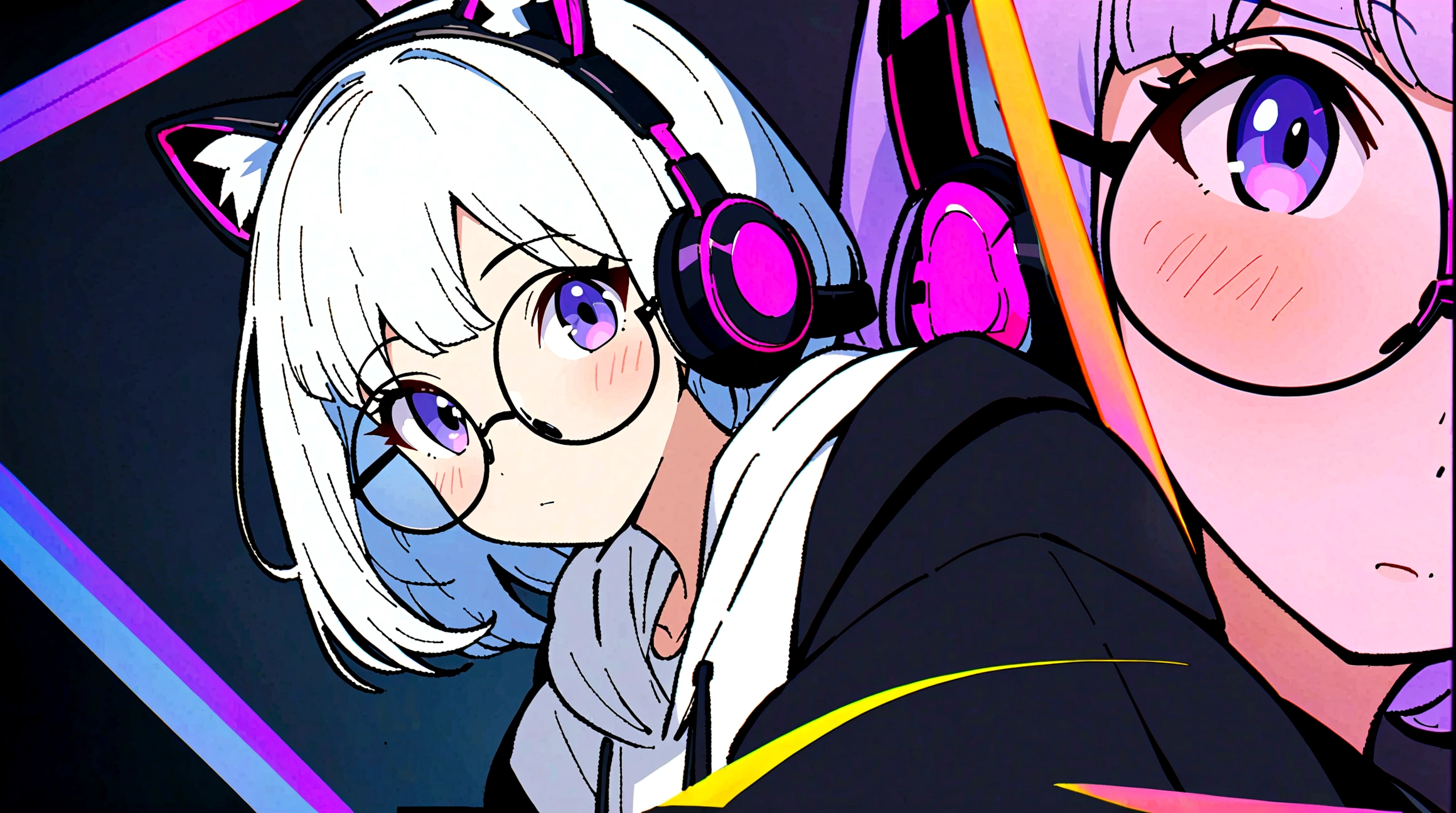 1girl,portrait, Anime style, White Short hair, Big Cat Ears, Black Headphones, Purple Eyes, Round Glasses, Black Oversized hoodie, White Sleeves, White long T-shirt sticking out on the bottom, dark blue denim Jeans, high res, ultrasharp, 8K, masterpiece, playfull Hero pose