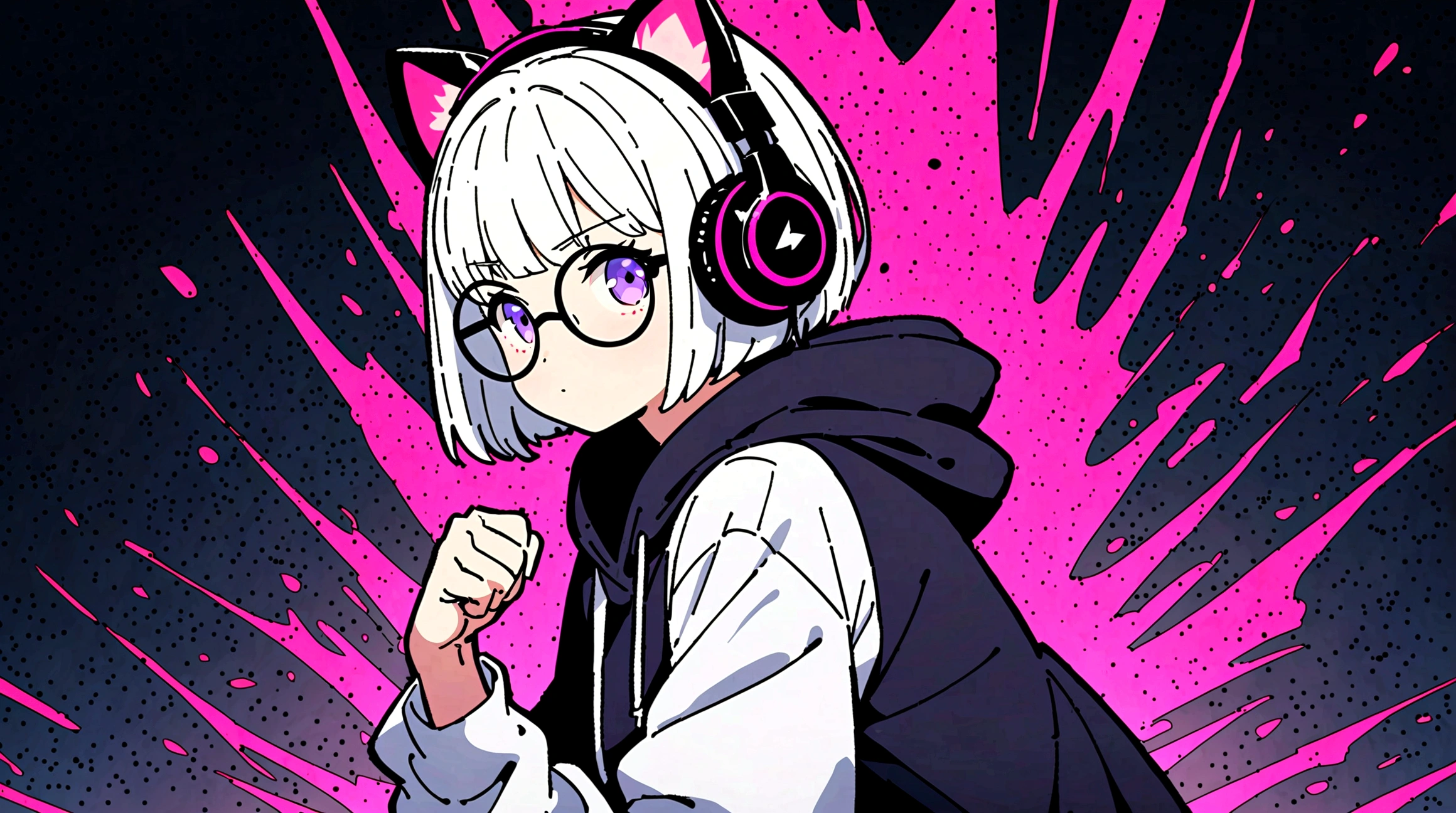 1girl,portrait, Anime style, White Short hair, Big Cat Ears, Black Headphones, Purple Eyes, Round Glasses, Black Oversized hoodie, White Sleeves, White long T-shirt sticking out on the bottom, dark blue denim Jeans, high res, ultrasharp, 8K, masterpiece, playfull Hero pose
