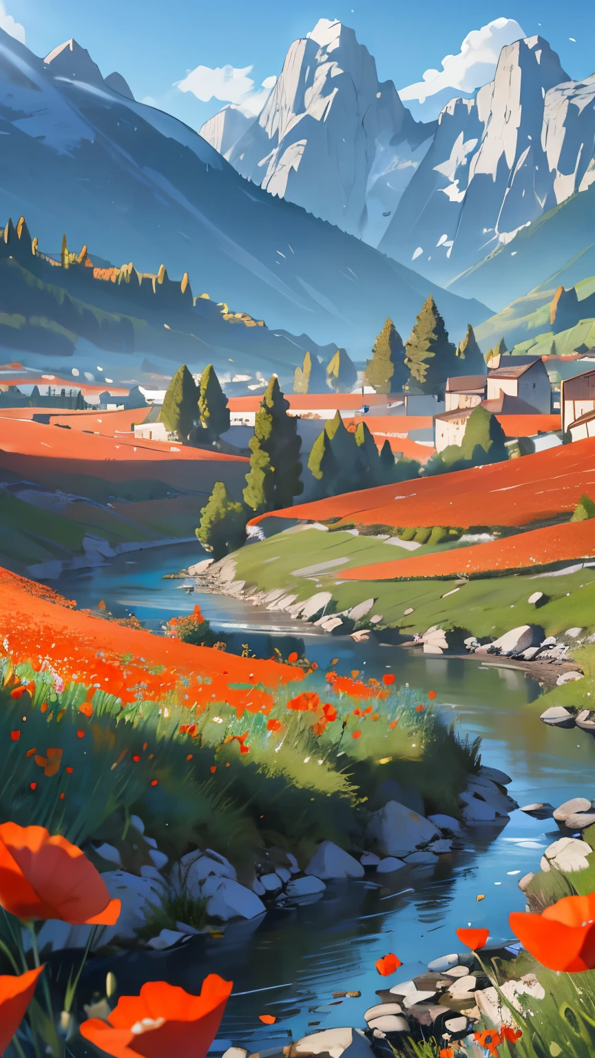 ((Best quality)), ((masterpiece)), (detailed), France,Provence,Mountain landscape,Mountains,River,field of poppies,close-up,Boke,