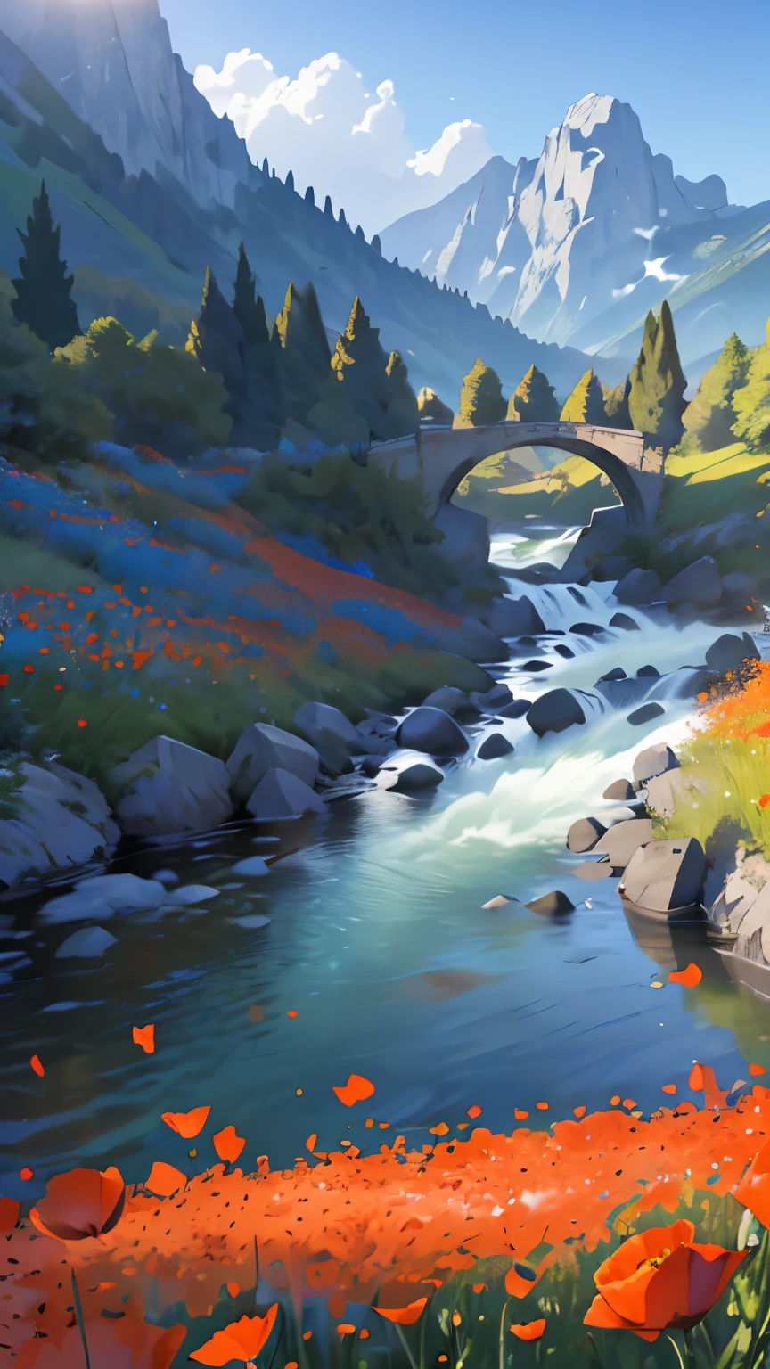 ((Best quality)), ((masterpiece)), (detailed), France,Provence,Mountain landscape,Mountains,River,field of poppies,close-up,Boke,