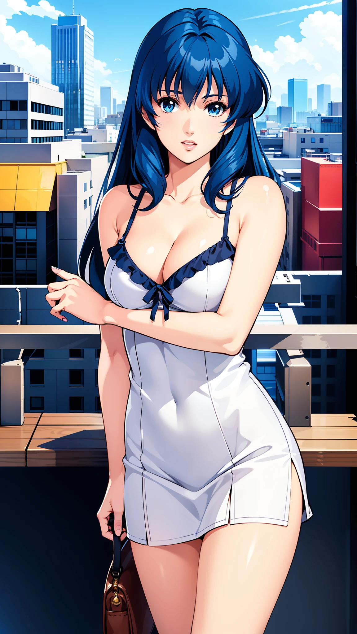 LynnMinmay, 1girl, solo, black hair, cowboy shot, ultra-detailed, best quality, masterpiece, illustration, game cg, minidress, cleavage, city