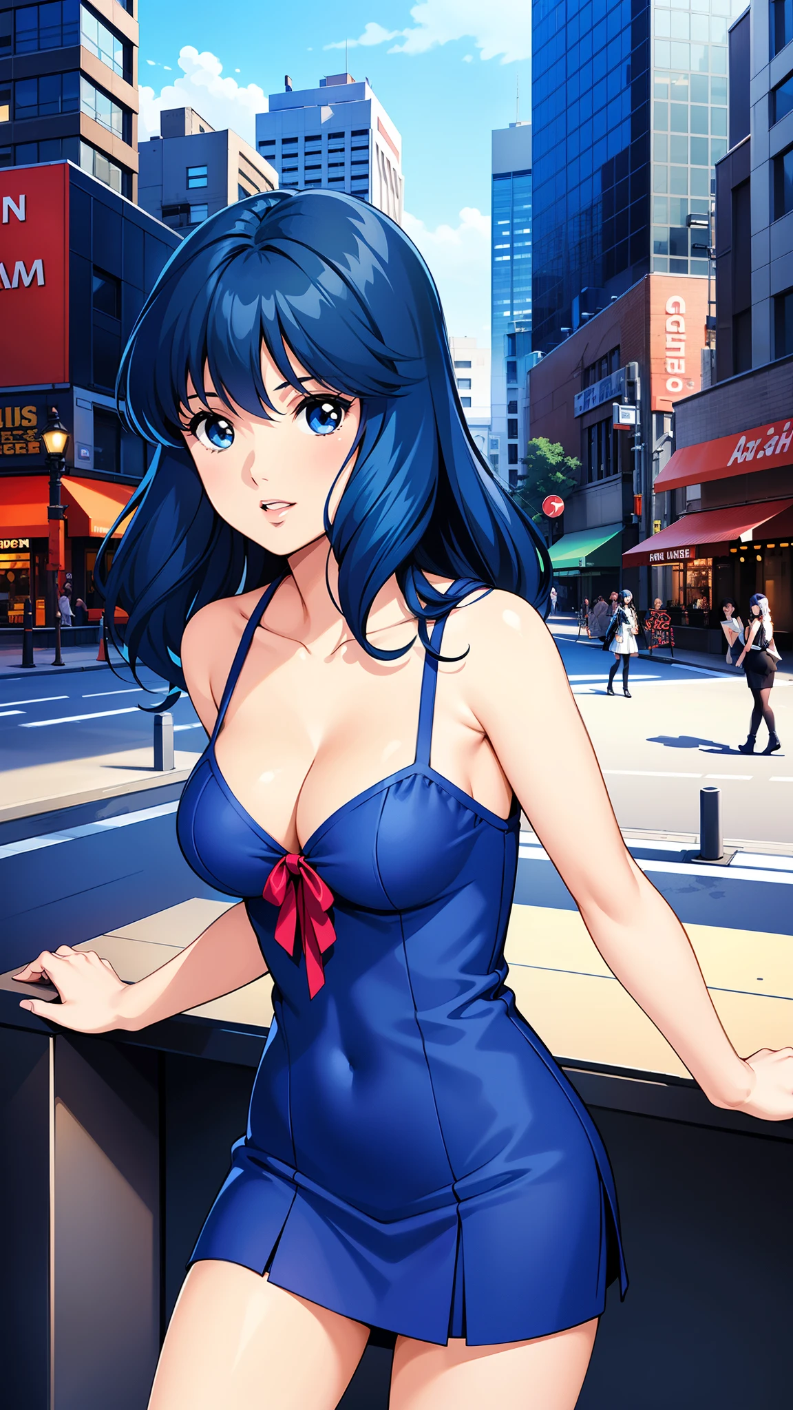 LynnMinmay, 1girl, solo, black hair, cowboy shot, ultra-detailed, best quality, masterpiece, illustration, game cg, minidress, cleavage, city