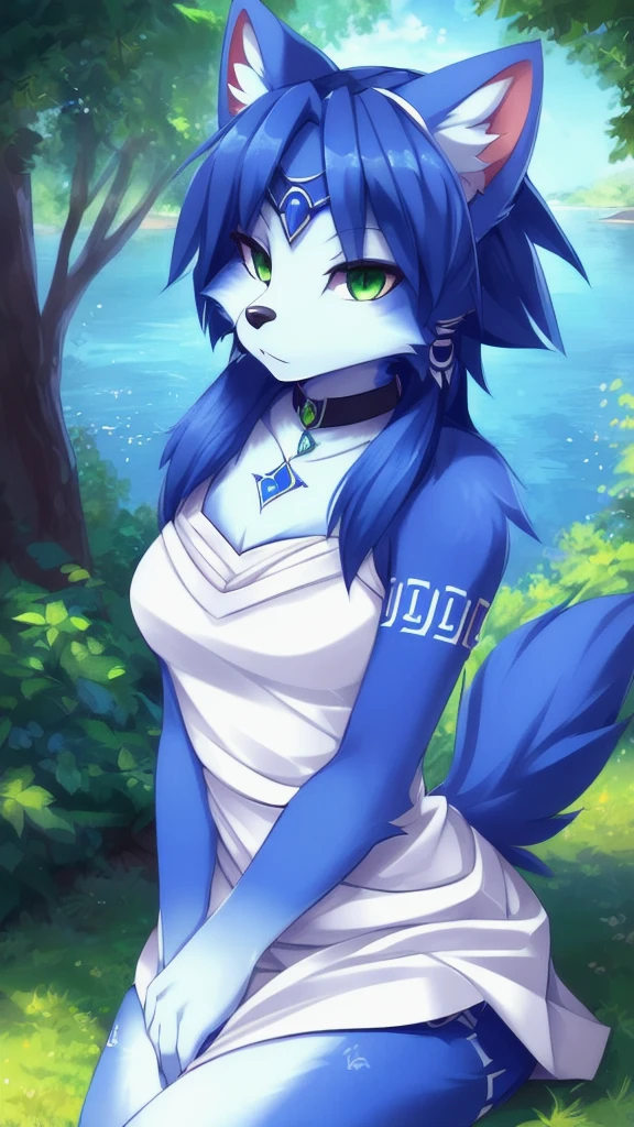 A beautiful and detailed (sweet portrait) von ((Krystal)), Sternenfuchs Krystal, Schlank, liebenswert, green eyes, medium breasts, By zinfyuu on pixiv,by twistedscarlet60, uploaded on pixiv, by fluff-kevlar, (masterpiece), (best quality), (anthro furry:1.3, snout:1.2, anthro:1.3, furry:1.2, solo female:1.2), (extremely detailed:1.3), (green_detailed_eye), absol, wearing white dress, sfw, forest, sitting, lake, nature beauty, view on viewer, krystal