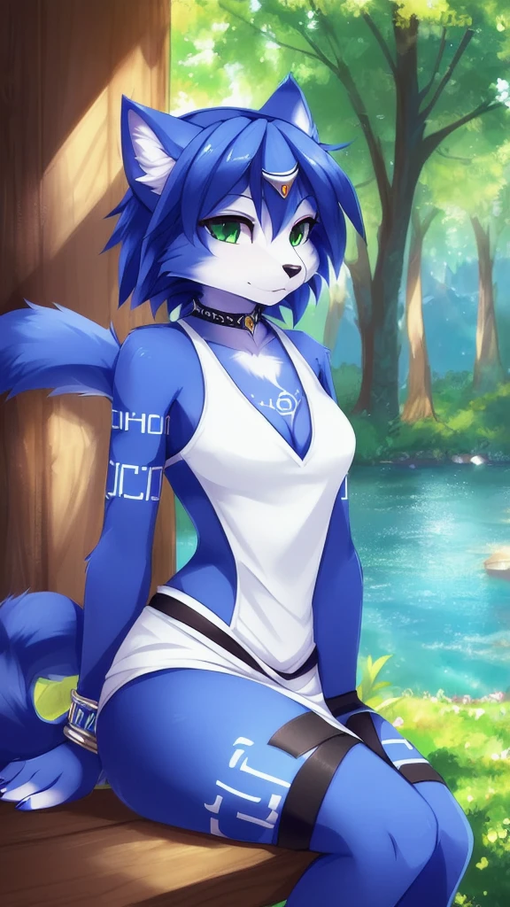 A beautiful and detailed (sweet portrait) von ((Krystal)), Sternenfuchs Krystal, Schlank, liebenswert, green eyes, medium breasts, By zinfyuu on pixiv,by twistedscarlet60, uploaded on pixiv, by fluff-kevlar, (masterpiece), (best quality), (anthro furry:1.3, snout:1.2, anthro:1.3, furry:1.2, solo female:1.2), (extremely detailed:1.3), (green_detailed_eye), absol, wearing white dress, sfw, forest, sitting, lake, nature beauty, view on viewer, krystal