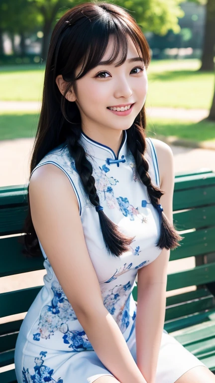 (RAW Photos:1.2), (Realistic:1.4), Beautiful detailed girl, Very detailed eyes and face, Beautiful details, Ridiculous, incredibly Ridiculous, Large file size, Very detailed, High resolution, Very detailed, highest quality, masterpiece, kemomimi, ((Japanese Girls)),、 shape, Very detailed, CG, Unified, 8k wallpaper, wonderful, Fine details, masterpiece, highest quality, Very detailed CG uniform 8k wallpaper, Light on the face, Cinema Lighting,( One Girl),Feeling Face、（Big Ass:1.3）、(Upper body from the knee up)、((Blue and white floral qipao))、（（Sleeveless））（Ample breasts:1.5）、28 years old、very,single braid、Shiny black hair、Looking into the camera、 Sitting cross-legged on a park bench, （Big smile 1:4）:((Knee to upper body)),Are standing, Panties are slightly visible,