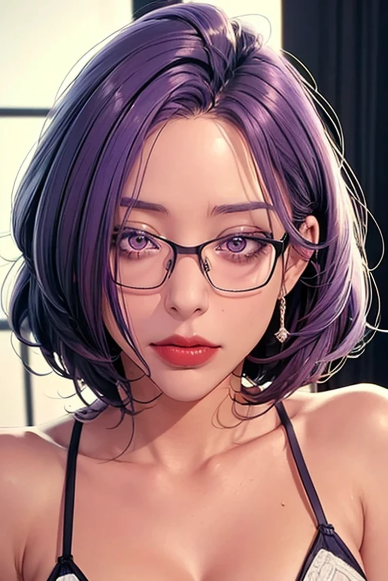 （（（Perfect number，number， （（（JMT,Glasses,Purple Hair,short hair,Purple Eyes,）））型number:1.7））），((masterpiece)),high resolution, ((Best quality at best))，masterpiece，quality，Best quality，（（（ Exquisite facial features，looking at the audience,There is light in the eyes，Happy，Interweaving of light and shadow，））），（（（looking at camera，)）））