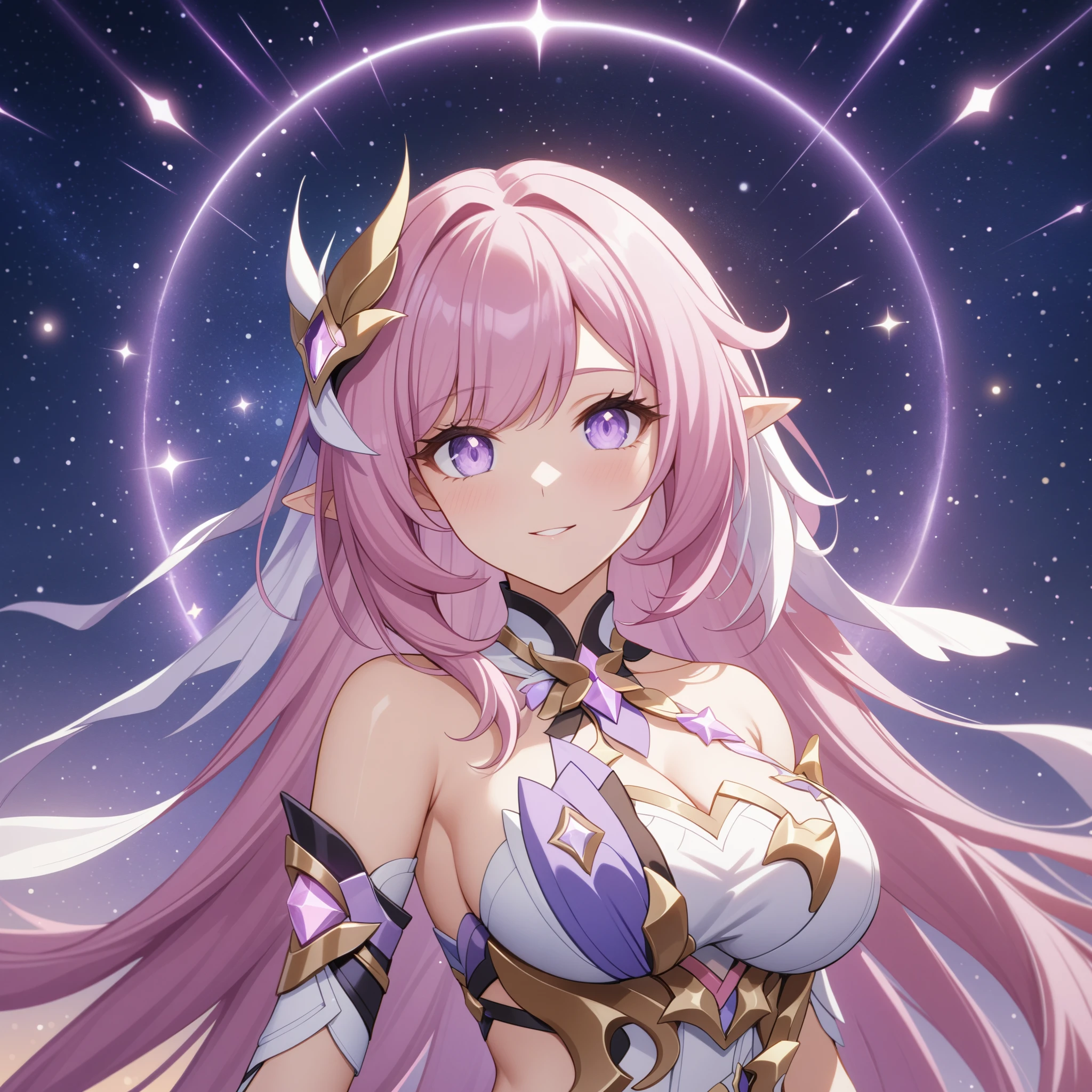 ai-generated,very aesthetic,1girl,elysia_/(herrscher_of_human:ego/)_/(honkai_impact/),pointed_ears,pink_hair,dreamy anime fantasy background,raytracing,light purple eyes,floating,light particles,dsmile,starry sky, shooting stars,celestial,intricate,large breasts,long eyelashes,goddess,(best quality,4k,8k,highres,masterpiece:1.2)