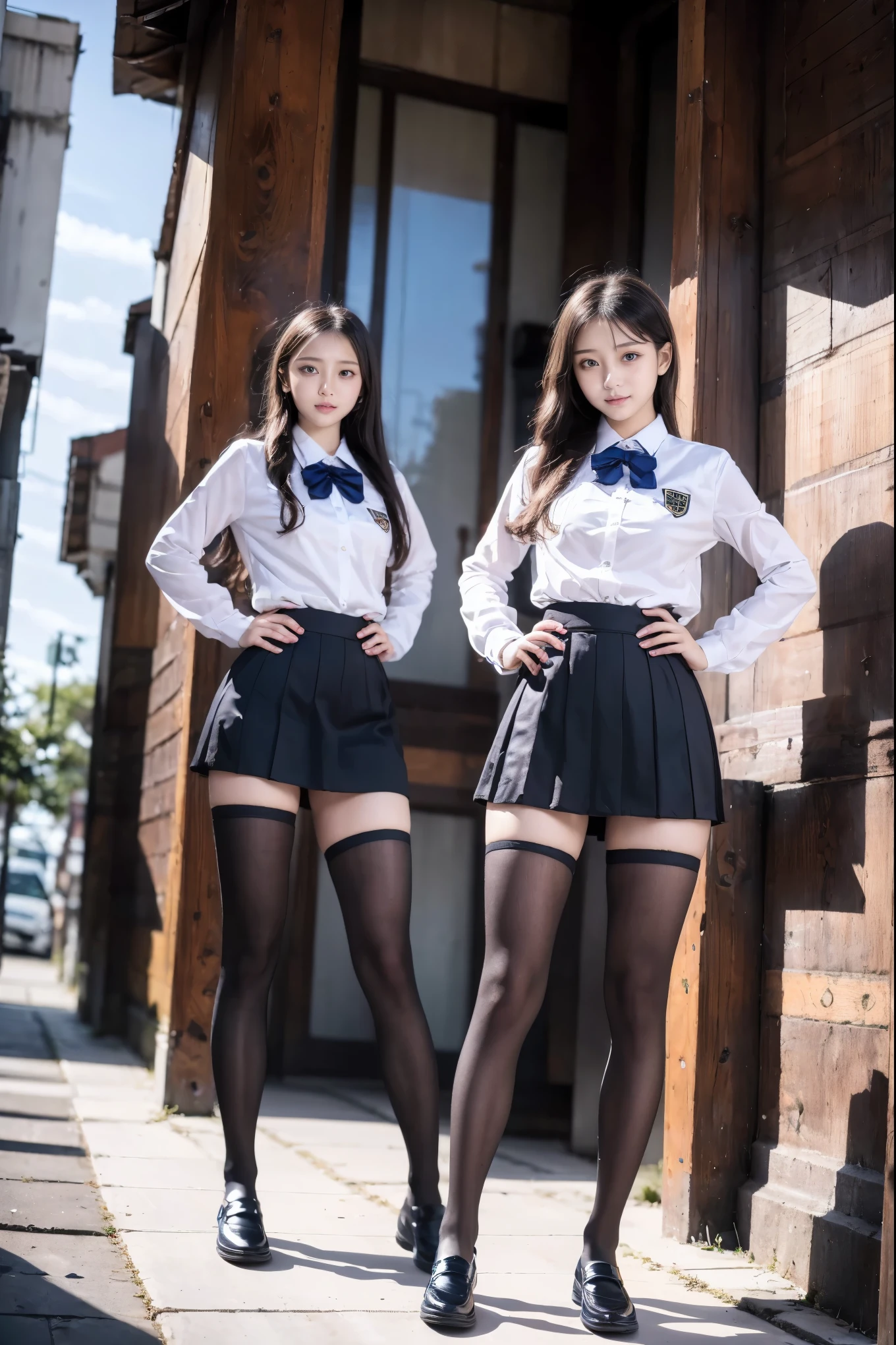 Great quality、8k、flying debris、(RAW Photos:1.4)、High resolution、((Composition away from the subject))、((Full body photo from face to ankles))、((Perfect ???????))、1 female 14 years old、Small stature、Detailed skin、Glowing Skin、Baby Face、double eyelid、eyes with long eyelashes、Small face、smile、Open your mouth、Staring out the window in the school hallway、Stretch your back、The windows provide natural light、Realistic school scenery、middle School girl、Blue and grey school bag on shoulder、Slender and delicate body、Small breasts、A blazer uniform with green lines、girl 、Check skirt、healthy、young woman、black tights、black tights、Brown loafers、loafers、Full Body Shot、Beautiful Hairstyles、(Please take a photo of the two of them from the front.), (8k), (highest quality: 1.5), (Realistic: 1.1), 超High resolution, Very detailed, Golden Ratio, (Two tall Japanese high school girls), 24-years-old, (F Cup Big:1.7), Huge boobs((Breast fullness)), Cleavage, (Two sisters), (Full body shooting), (Super cute face, Looking down here, Place your hands on your hips, Standing with feet shoulder-width apart), Simple uniform, The sisters wear the same uniform., (Wearing a Japanese OL uniform), long sleeve uniform, ((Thick and long legs)), ((very wide thighs:1.6)), ((Very long legs:1.4)), (I always wear black pantyhose), (The non-shiny tight mini skirt is very short), (Oily shiny black pantyhose),(ヒールが高いハイヒールloafersを着用) ,