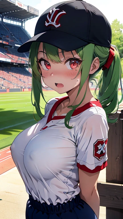 mastute piece,Best Quality,insanely detailed,8k cg,nsfw,
(shoot upper body:1.3),
(1girls:1.3),standing,looking at viewr,body in front,both arms behind back,(Baseball uniform、Baseball cap),(bare breasts:1.2),
break,
blush,shy,(ecstasy face),(trembling:1.2),break,(light green hair),
break,
perfect breasts,perfect teats,(open mouth:0.9),(large breasts:1.3),
(Stadium)、