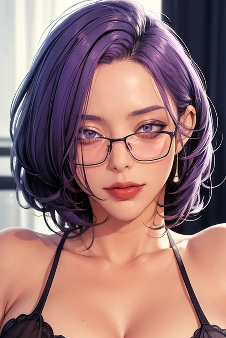 a perfect digital number, digital number, JMT, glasses, purple hair, short hair, purple eyes, numerical digits:1.7, masterpiece, high resolution, best quality, masterpiece, quality, best quality, detailed facial features, looking at the viewer, eyes with light, happy, interplay of light and shadow, looking at the camera