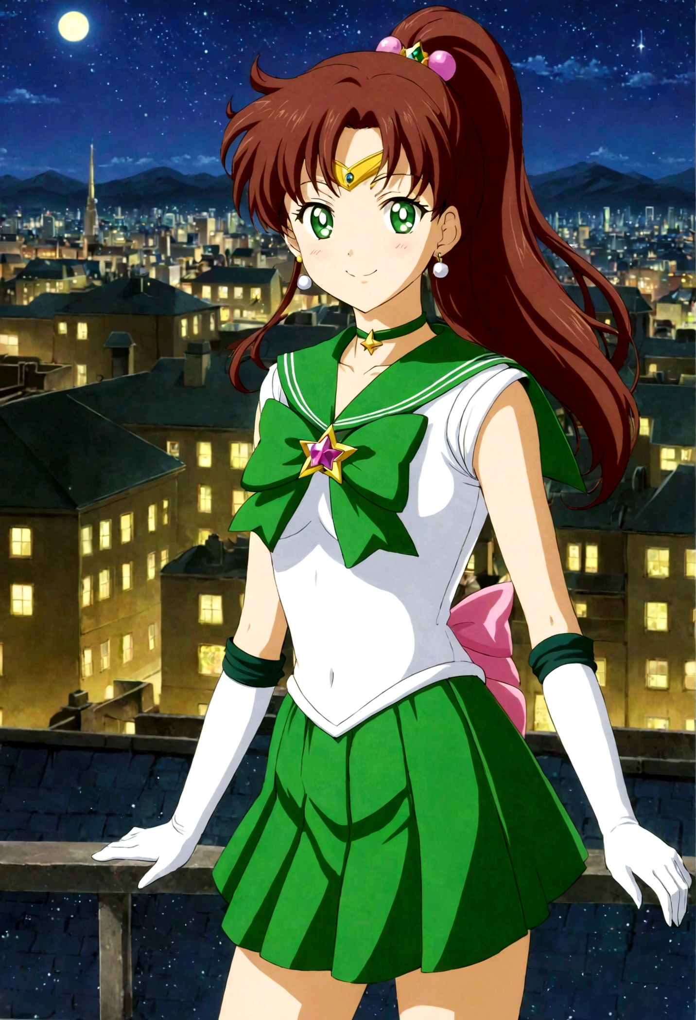 masterpiece, best quality, 1girl, solo, looking at viewer, facing viewer, night, rooftop, city, cityscape, anime screencap,1990s \(style\), (art by Naoko Takeuchi), EPsmSailorJupiter, green eyes, brown hair, long hair, ponytail, hair ornament, hair bobbles, brooch, heart brooch, jewelry, tiara, choker, green choker, star choker, skirt, green skirt, pleated skirt, bow, back bow,  pink bow,  gloves, white gloves, elbow gloves, earrings, sailor collar, star (symbol), green sailor collar, sailor senshi uniform, smile