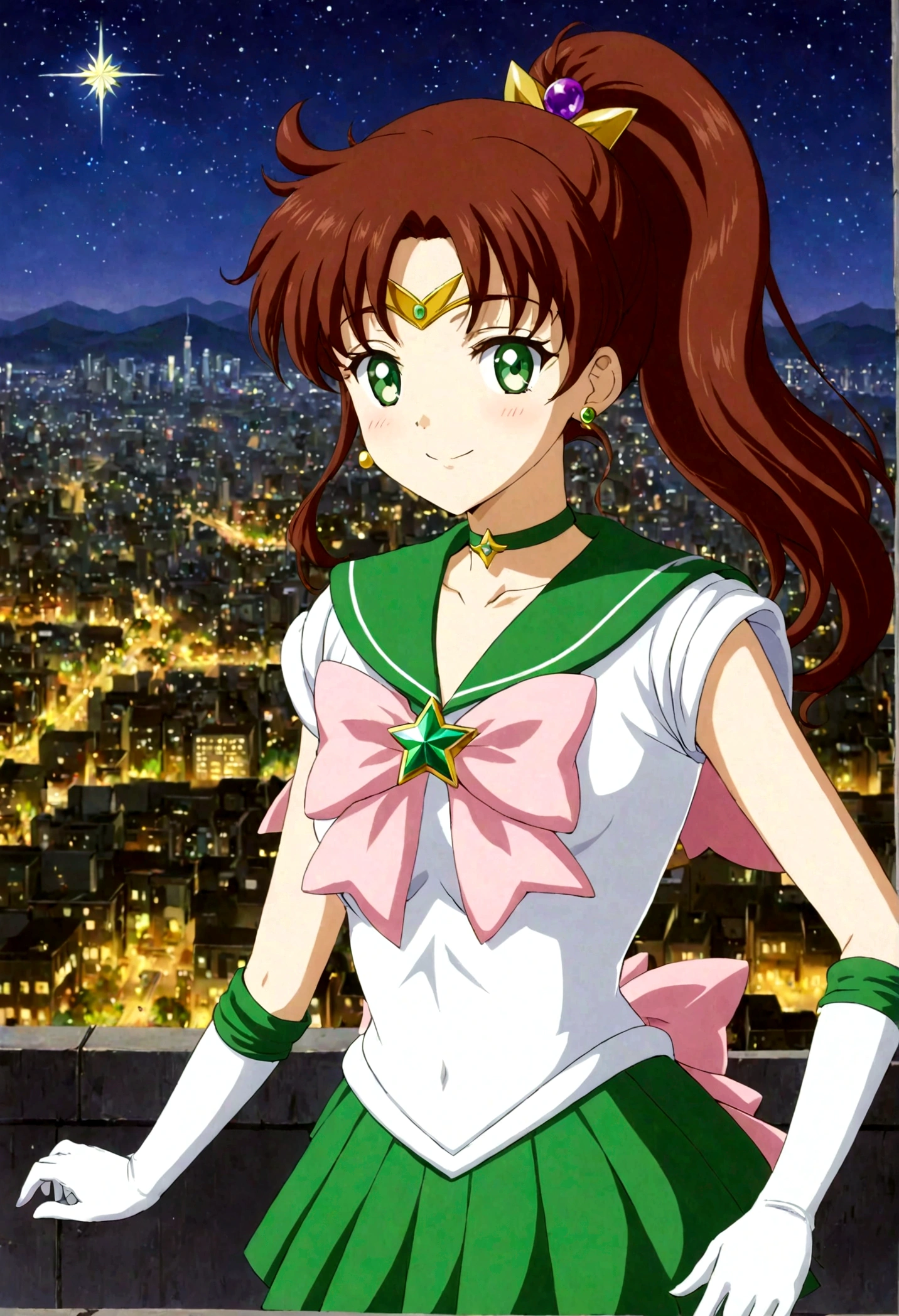 masterpiece, best quality, 1girl, solo, looking at viewer, facing viewer, night, rooftop, city, cityscape, anime screencap,1990s \(style\), (art by Naoko Takeuchi), EPsmSailorJupiter, green eyes, brown hair, long hair, ponytail, hair ornament, hair bobbles, brooch, heart brooch, jewelry, tiara, choker, green choker, star choker, skirt, green skirt, pleated skirt, bow, back bow,  pink bow,  gloves, white gloves, elbow gloves, earrings, sailor collar, star (symbol), green sailor collar, sailor senshi uniform, smile