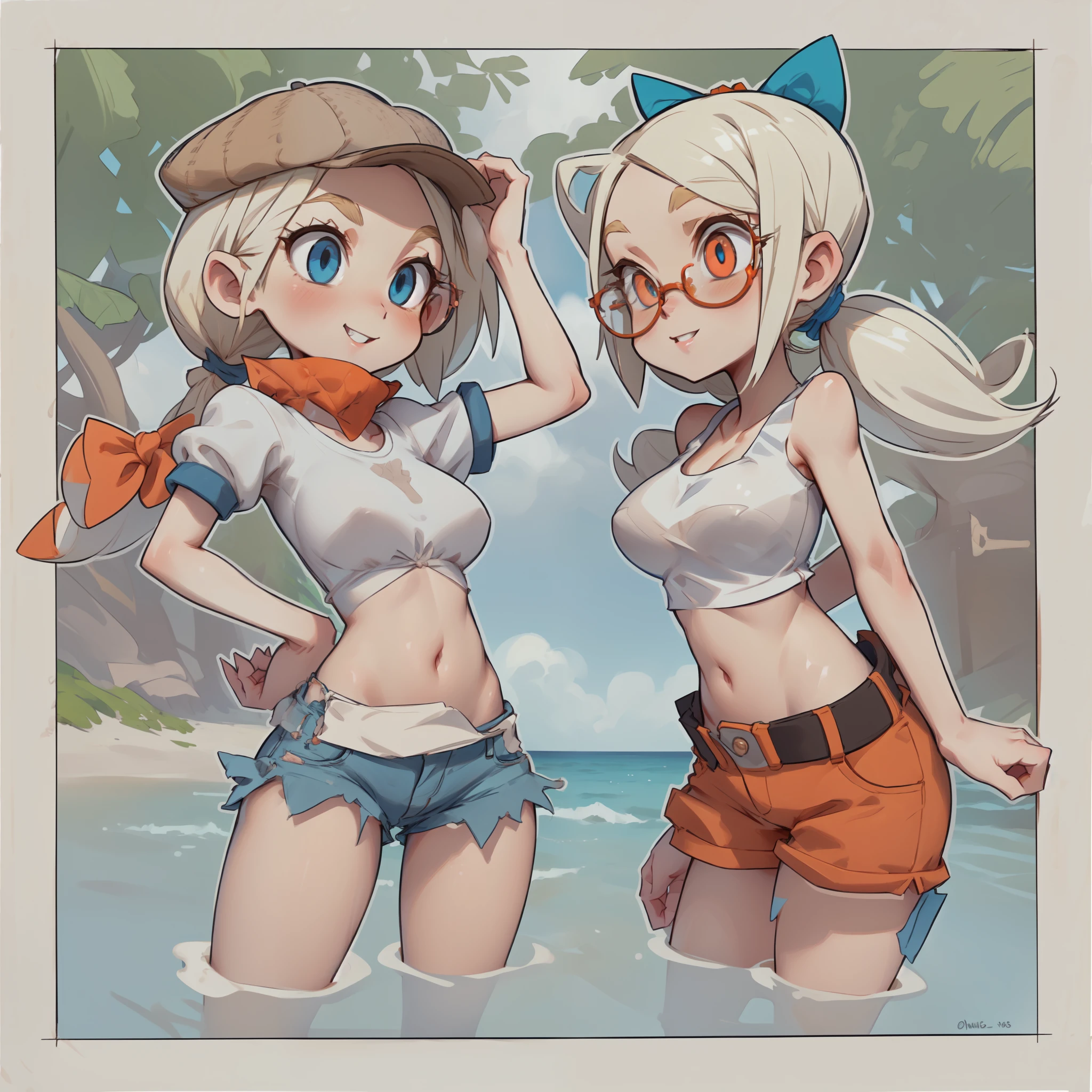 [Twitch and Vinegar], ((masterpiece)), ((HD)), ((high res)), ((duo portrait)), ((waist up)), ((front view)), ((detailed shading)), ((intricate details)), {attractive girls, (smooth skin), (blonde hair), (girl on right has large pigtails), (girl on left has cute blue eyes), (girl on right has cute red eyes and round glasses), (curvy hips), (defined muscles), (cute smile), (white teeth)}, {(girl on left white t-shirt with jean shorts), (girl on left has brown ivy cap), (girl on right has crop top with orange shorts), (girl on right has a giant blue bow)}, {(standing on sand), (looking at viewer)}, [background; (beach), (beautiful ocean), (blue sky), (sun rays)]