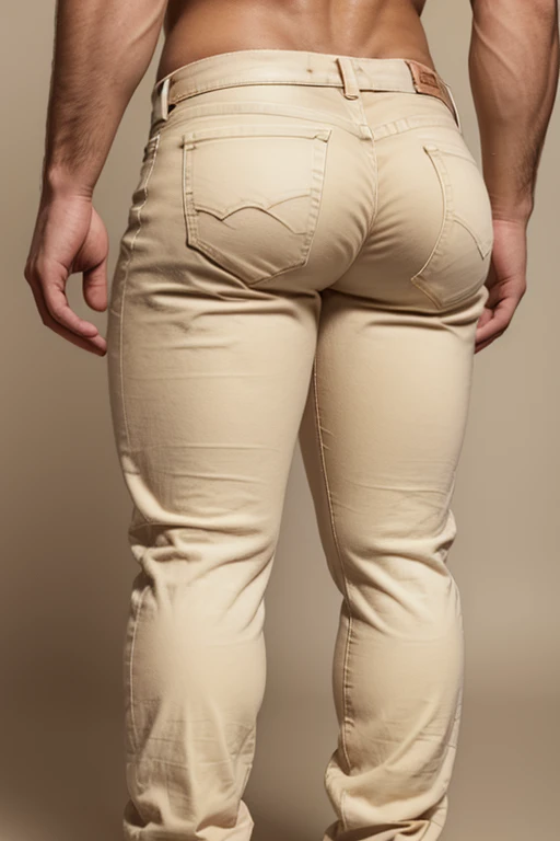 Beautiful man 30 years old, muscular full body, barba rala, mas seu rosto esta iluminado pela fogueira. (((Beige Jeans))) (((Backside))) (((Big butt)))