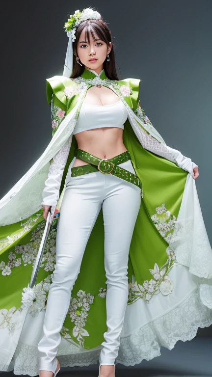 A female knight holding a sword in her right hand,She is wearing a white floral suit that exposes a bit of her midriff and tight fitting white pants.,She is wearing a green floral vest, I have gloves on my arms。She is wearing a green floral cloak, Green belt and white high heels,Wearing a white hat covering one eye