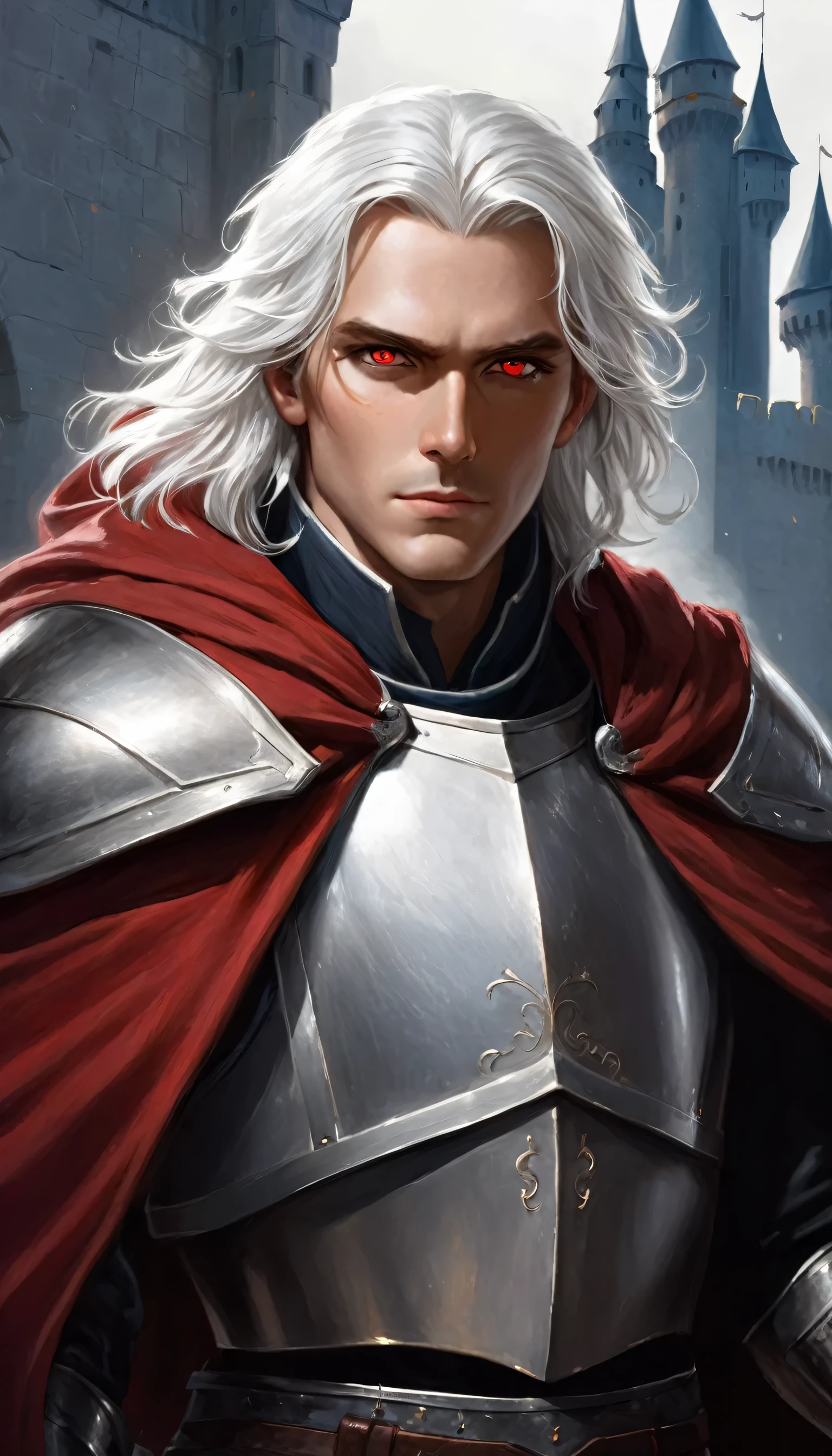 ((best quality),(masterpiece),(detailed),perfect face,a man with medium white hair and red eyes,wearing a armor with a cloak, castle behind,beautiful,(cinematic),(dramatic lighting),(digital painting),(sharp focus),(photorealistic),(ultra-realistic),(hyper detailed),(epic),(fantasy),(cinematic composition),(heroic pose),(dramatic), (perfect eyes)