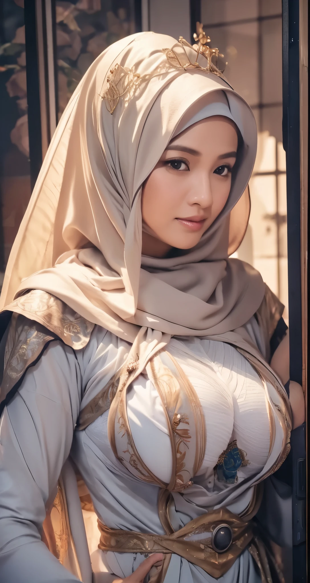 50 years Old, Hijab Indonesian mature woman, Big Tits : 66.9, Gamis, Breast out from her clothes : 1.9, at doctor office, Dark light, at Nighttime