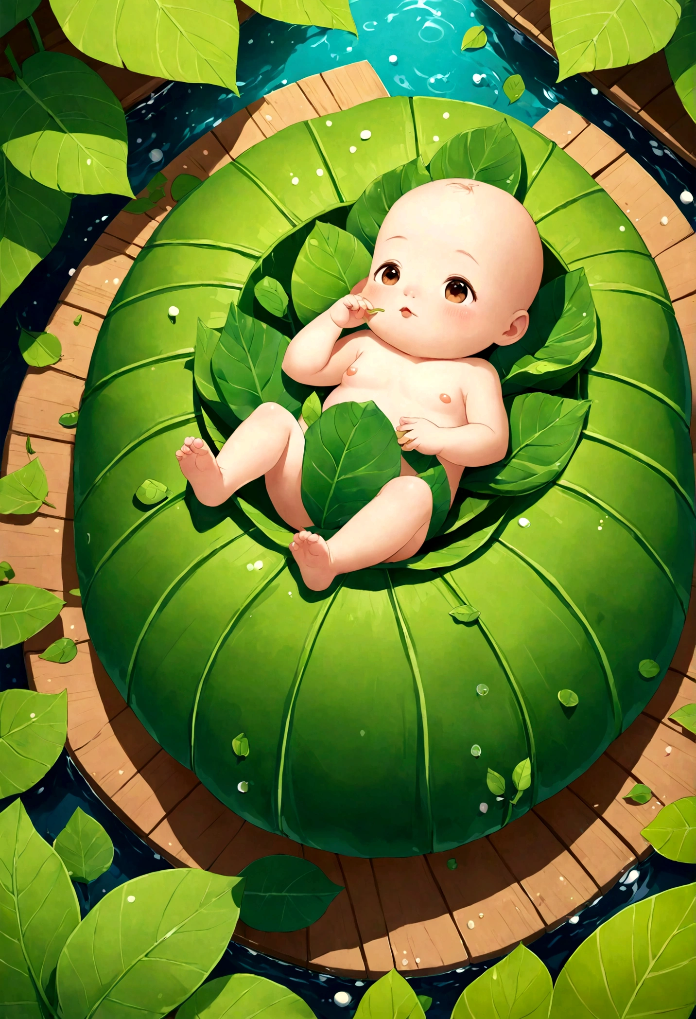 cartoon illustration of a baby in a leafy pod floating on a raft, cute detailed digital art, adorable digital painting, by Yu Zhiding, cute digital art, amazing food illustration, by Qu Leilei, a beautiful artwork illustration, inspired by Goro Fujita, cute illustration, cute detailed artwork, stylized digital illustration, by Li Song, chilling on a leaf