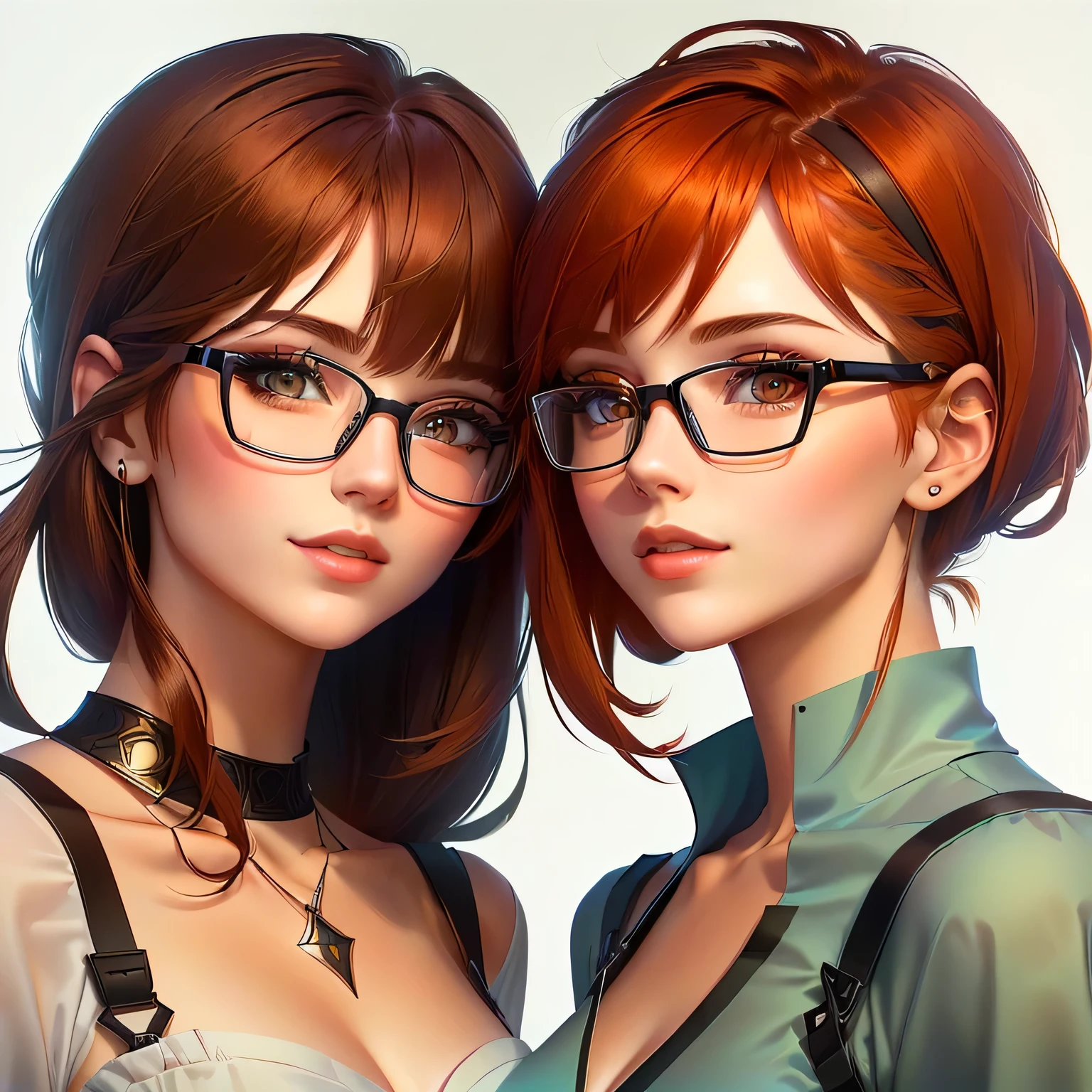 Extract all hidden file information into pictures、Wearing glasses、Two redhead women looking at each other。, NFT Portrait, Symmetrical Portrait RPG Avatar, High-quality portraits, Symmetrical Portrait, Symmetrical digital illustration, Portrait of Max Caulfield, Digital character illustration, Digital illustration portrait, Realistic female face, Cartoon Art Style, In the art style of Bouwater, Fantasy RPG Symmetrical Portrait, Beautiful Gemini portrait