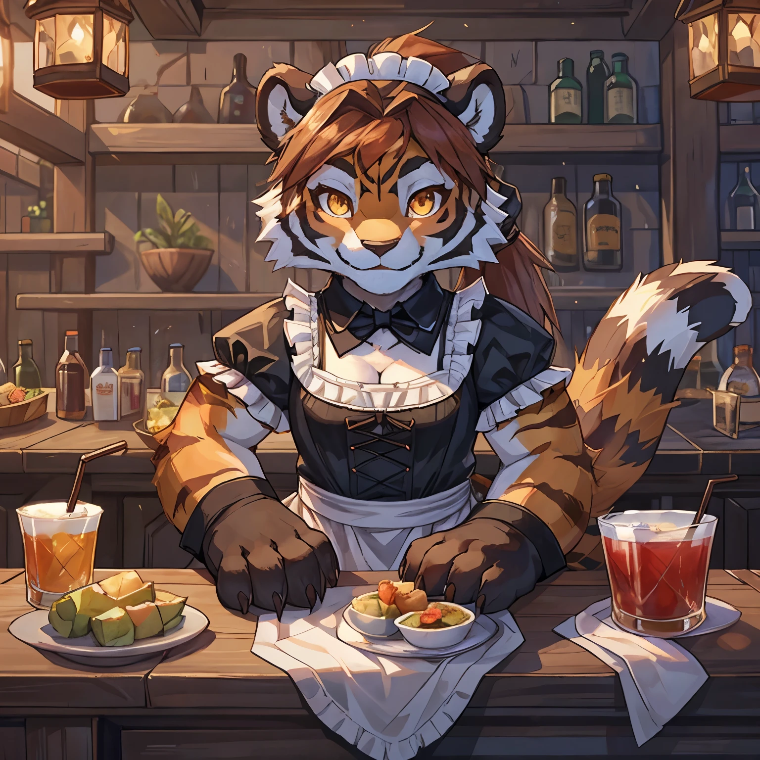 (4fingers), small_round_ears, small_panda_ears, pandaren, world_of_warcraft, furry, anthropomorphic, fluffy_tail, foxtail, cfemale, claws, red_panda, tiger_stripes, tiger_face, flat_chested, short_stack, , amber_eyes, (pupils), (tiger_legs), (left_foot_black_fur), (right_foot_white_fur), (four_fingers), waist_long_ponytail, brown_hair, ((three_toes)), ((3toes)), ((detailed_eyes)), ((detailed_face)), detailed_hands, maid outfit, serving drinks, bartending, tavern,