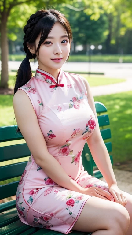 (RAW Photos:1.2), (Realistic:1.4), Beautiful detailed girl, Very detailed eyes and face, Beautiful details, Ridiculous, incredibly Ridiculous, Large file size, Very detailed, High resolution, Very detailed, highest quality, masterpiece, kemomimi, ((Japanese Girls)),、 shape, Very detailed, CG, Unified, 8k wallpaper, wonderful, Fine details, masterpiece, highest quality, Very detailed CG uniform 8k wallpaper, Light on the face, Cinema Lighting,( One Girl),Feeling Face、(Big Ass:1.3)、(Upper body from the knee up)、((Pink and red floral qipao))、((Sleeveless))(Ample breasts:1.5)、28 years old、very,single braid、Shiny black hair、Looking into the camera、 Sitting cross-legged on a park bench, (Big smile 1:4):((Knee to upper body)), Panties are slightly visible,