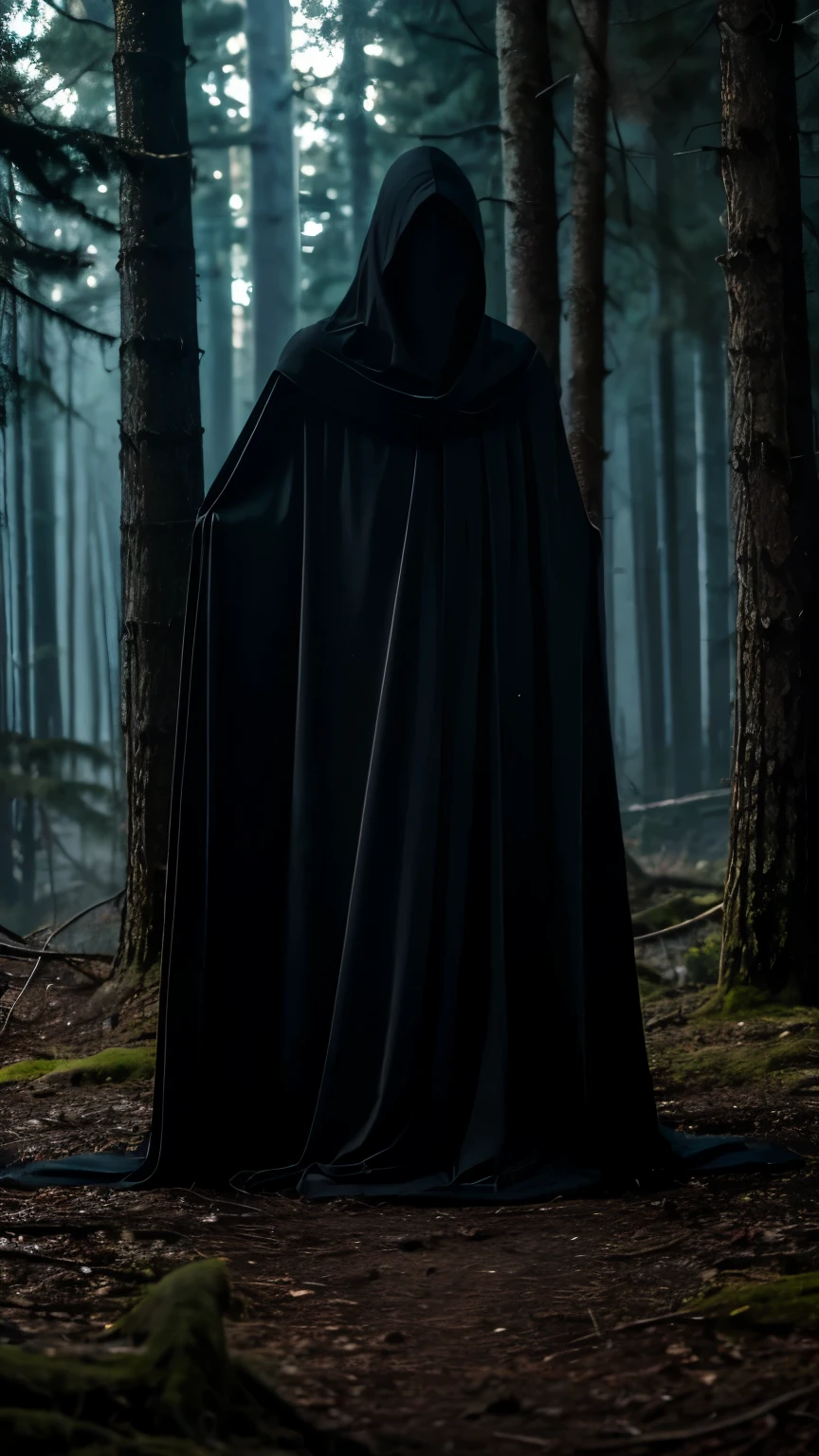 A dark figure in the forest at night with a in the sack.