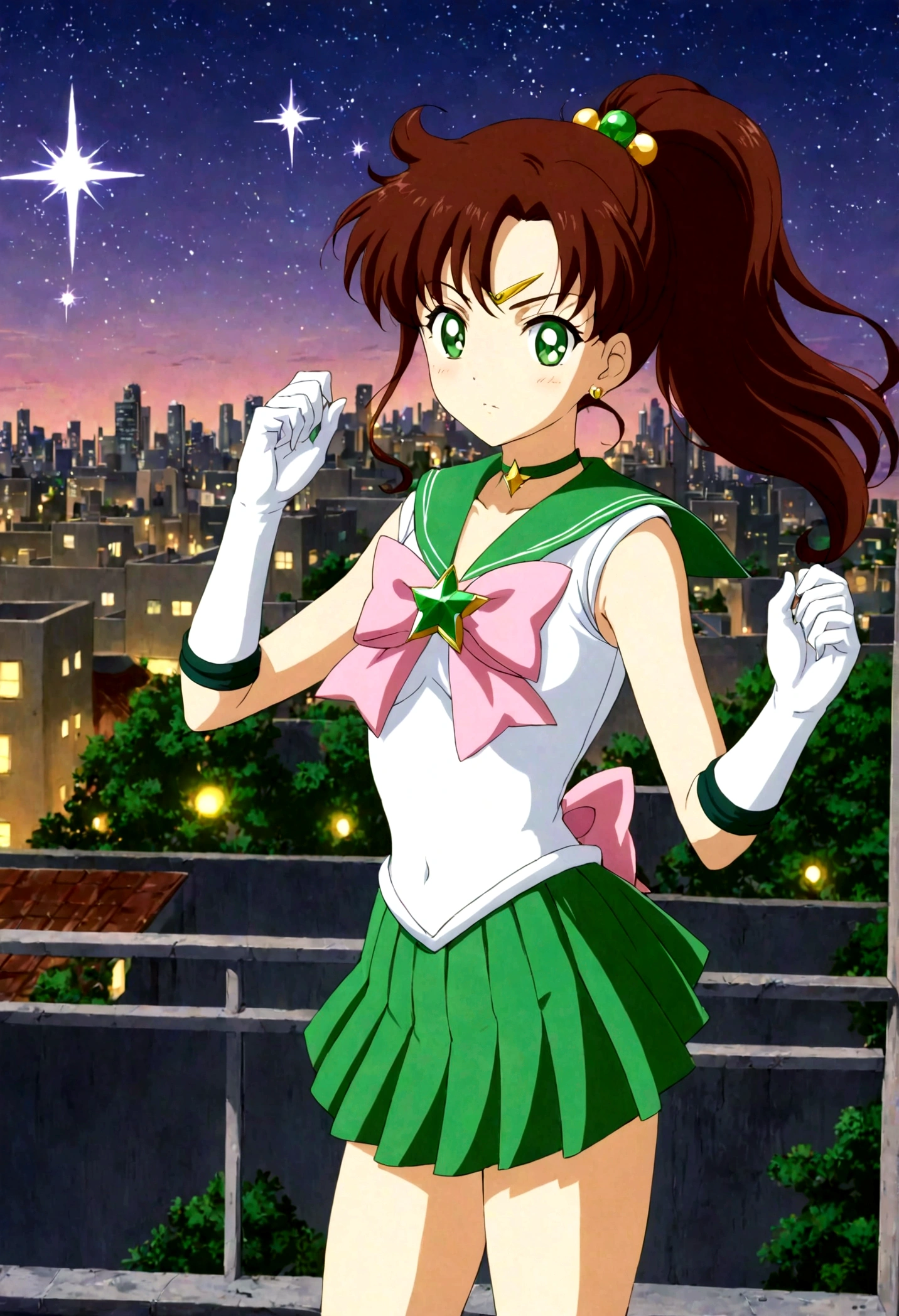 masterpiece, best quality, 1girl, solo, looking at viewer, facing viewer, night, rooftop, city, cityscape, anime screencap,1990s \(style\), (art by Naoko Takeuchi), EPsmSailorJupiter, green eyes, brown hair, long hair, ponytail, hair ornament, hair bobbles, brooch, heart brooch, jewelry, tiara, choker, green choker, star choker, skirt, green skirt, pleated skirt, bow, back bow,  pink bow,  gloves, white gloves, elbow gloves, earrings, sailor collar, star (symbol), green sailor collar, sailor senshi uniform, determined face, attack pose, lighting bolts behind her