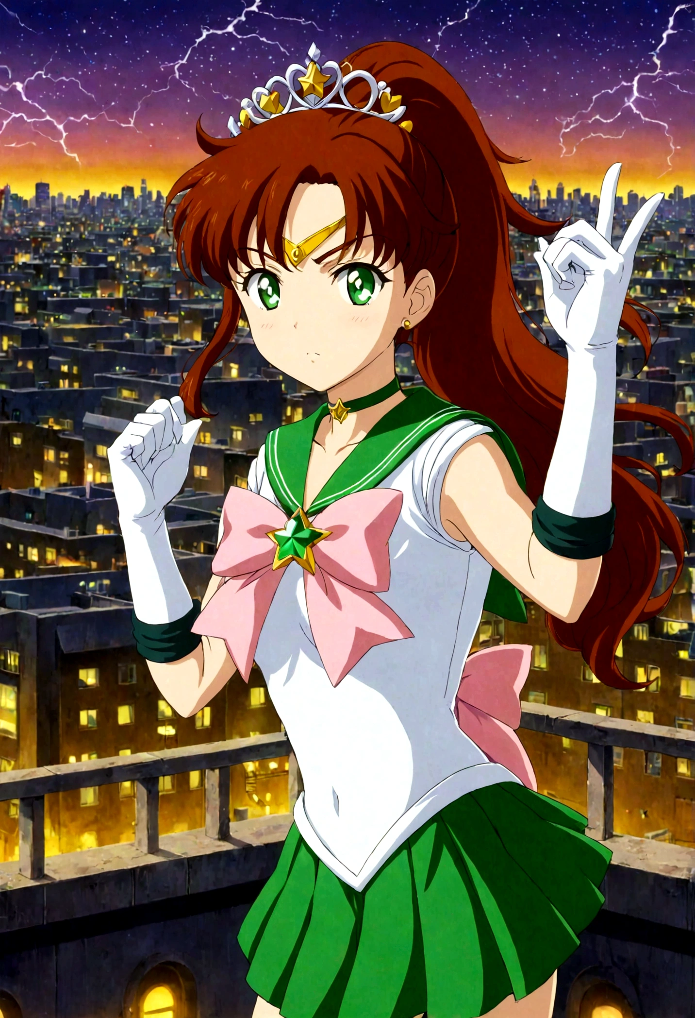 masterpiece, best quality, 1girl, solo, looking at viewer, facing viewer, night, rooftop, city, cityscape, anime screencap,1990s \(style\), (art by Naoko Takeuchi), EPsmSailorJupiter, green eyes, brown hair, long hair, ponytail, hair ornament, hair bobbles, brooch, heart brooch, jewelry, tiara, choker, green choker, star choker, skirt, green skirt, pleated skirt, bow, back bow,  pink bow,  gloves, white gloves, elbow gloves, earrings, sailor collar, star (symbol), green sailor collar, sailor senshi uniform, determined face, attack pose, lighting bolts behind her