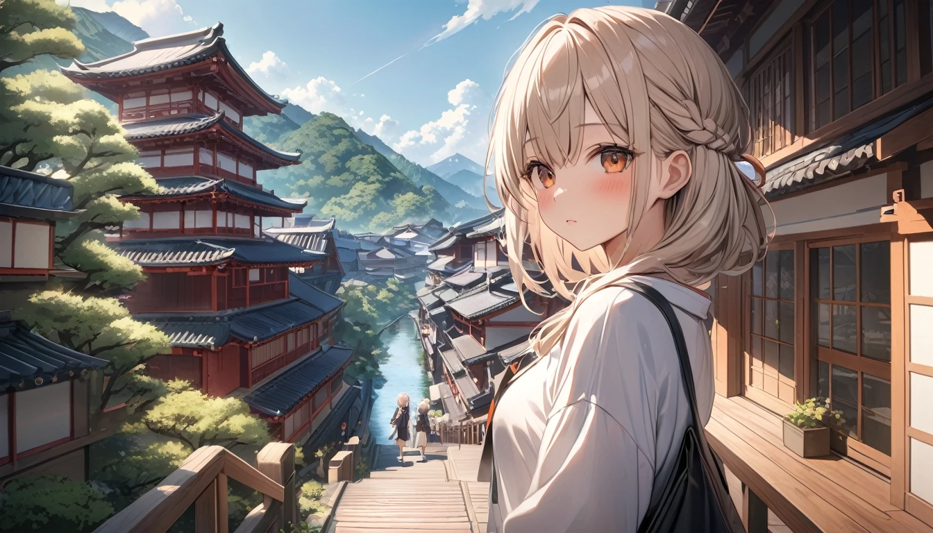 highest quality, Ultra-high resolution, One Girl, Kyoto、Inari、cute,(Platinum Blonde Hair:1), ((Puffy eyes)), View Audience(Depth of Field HDR 8K 4K Wallpaper Cinematic Angle, Outdoor、(masterpiece, highest quality:2.0),headphone,listen to music