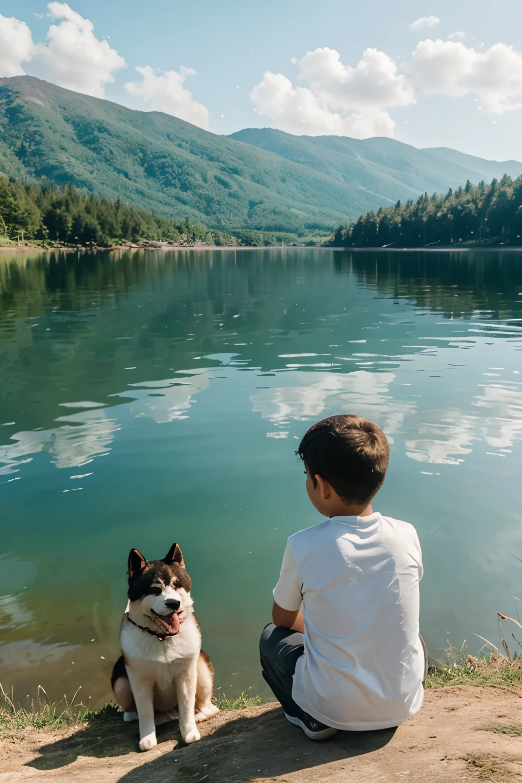 Boy with American Akita sitting looking at a lake
