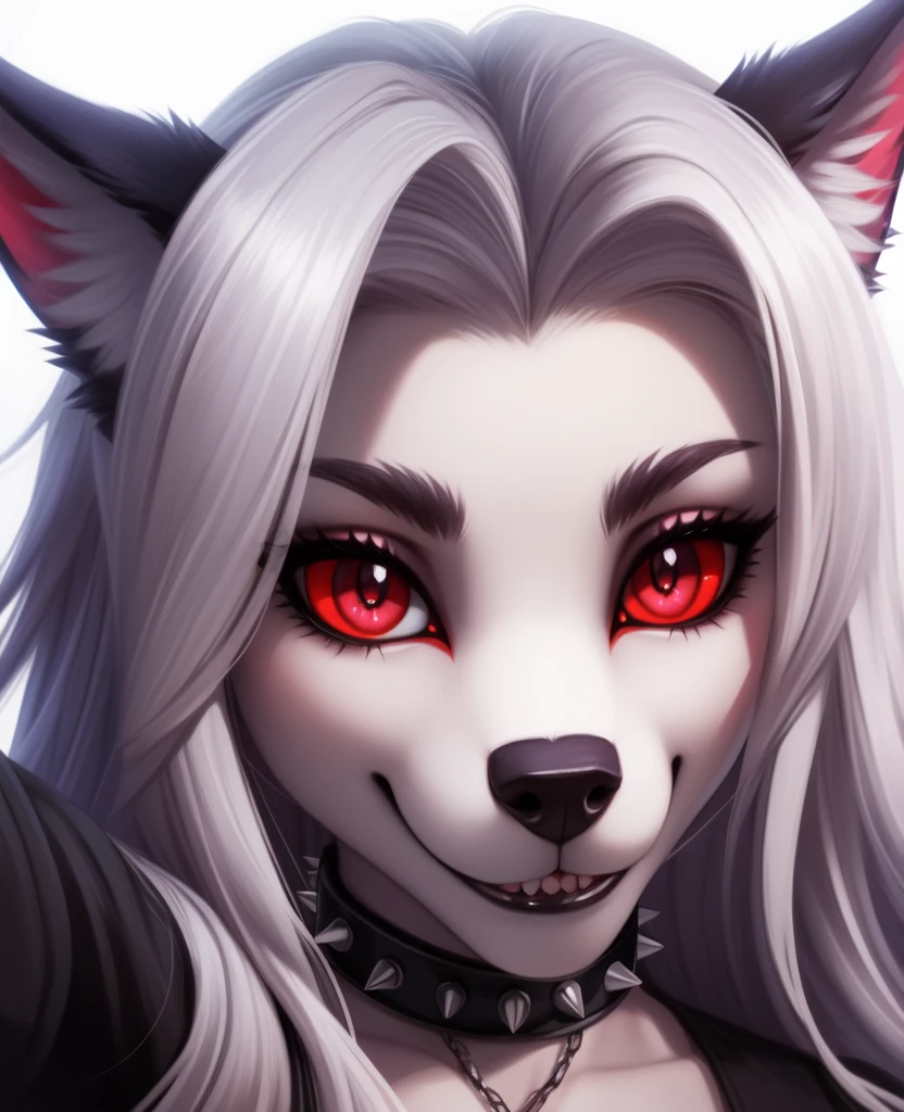 masterpiece, best quality, face portrait of a female anthro loona hellhound, loonacroptop, detailed face, (detailed eyes, slit pupils, white pupils:1.2), (red sclera), smile, [spiked collar, pentagram], (looking at viewer), selfie