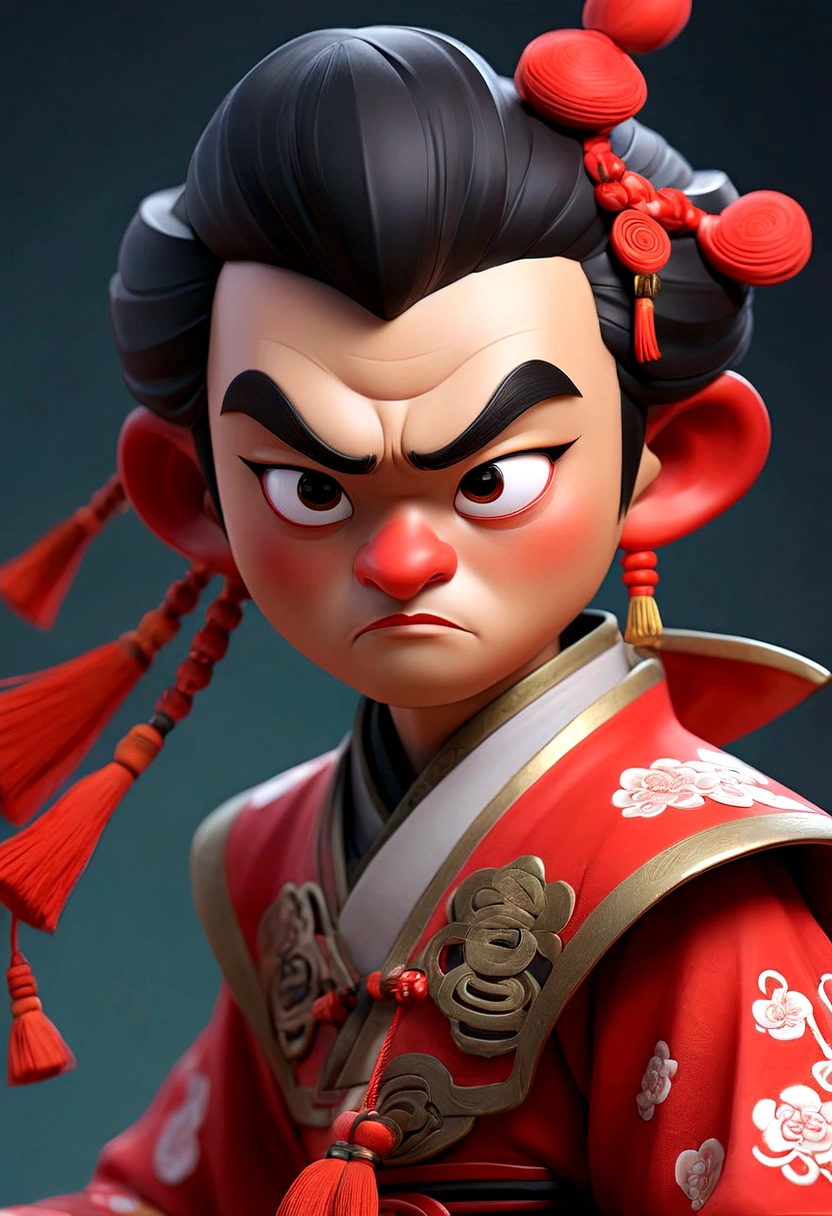 A cartoon character of a man with a mask and a fan, Close-up of a cartoon character wearing a red cape, Peking Opera, Inspired by Pu Hua, Inspired by Hu Zaobin, Inspired by Wu Bin, Ashura,From Chinese mythology,3D Intellectual Property Design, Pop Matt Style, Blind Box Toys, A super cute Chinese boy with Chinese Sichuan Opera characters, Chinese Traditional Festivals, Red, Black clothing,Happy, kung fu pose, Studio Lighting, Clean background, 3D, c4d, Blender, Redshift, Super detailed,