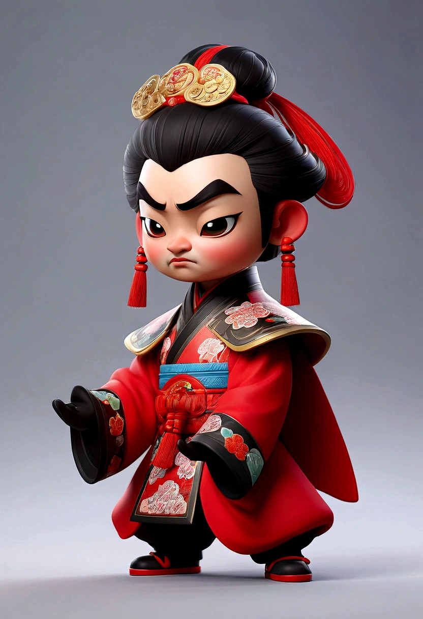 A cartoon character of a man with a mask and a fan, Close-up of a cartoon character wearing a red cape, Peking Opera, Inspired by Pu Hua, Inspired by Hu Zaobin, Inspired by Wu Bin, Ashura，From Chinese mythology,3D Intellectual Property Design, Pop Matt Style, Blind Box Toys, A super cute Chinese boy with Chinese Sichuan Opera characters, Chinese Traditional Festivals, Red, Black clothing，Happy, kung fu pose, Studio Lighting, Clean background, 3D, c4d, Blender, Redshift, Super detailed,