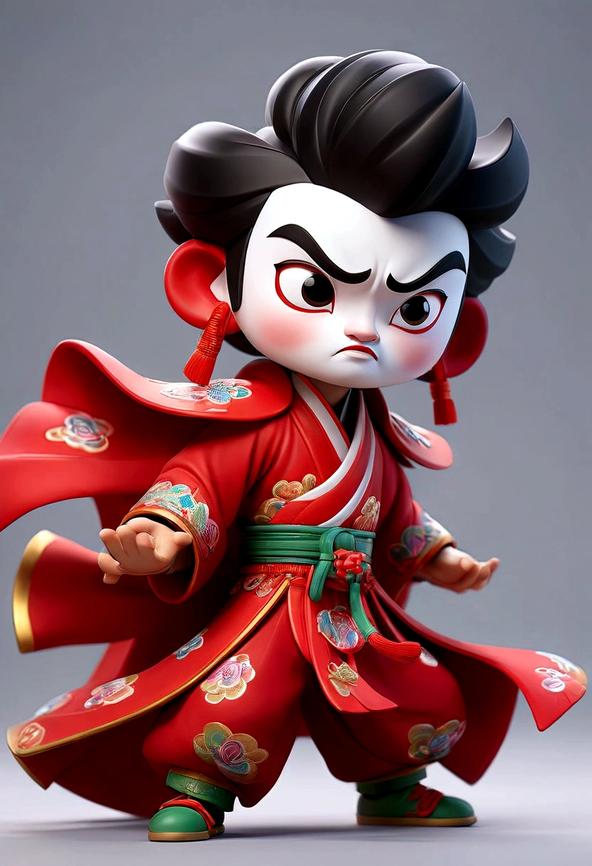 A cartoon character of a man with a mask and a fan, Close-up of a cartoon character wearing a red cape, Peking Opera, Inspired by Pu Hua, Inspired by Hu Zaobin, Inspired by Wu Bin, Ashura，From Chinese mythology,3D Intellectual Property Design, Pop Matt Style, Blind Box Toys, A super cute Chinese boy with Chinese Sichuan Opera characters, Chinese Traditional Festivals, Red, Black clothing，Happy, kung fu pose, Studio Lighting, Clean background, 3D, c4d, Blender, Redshift, Super detailed,