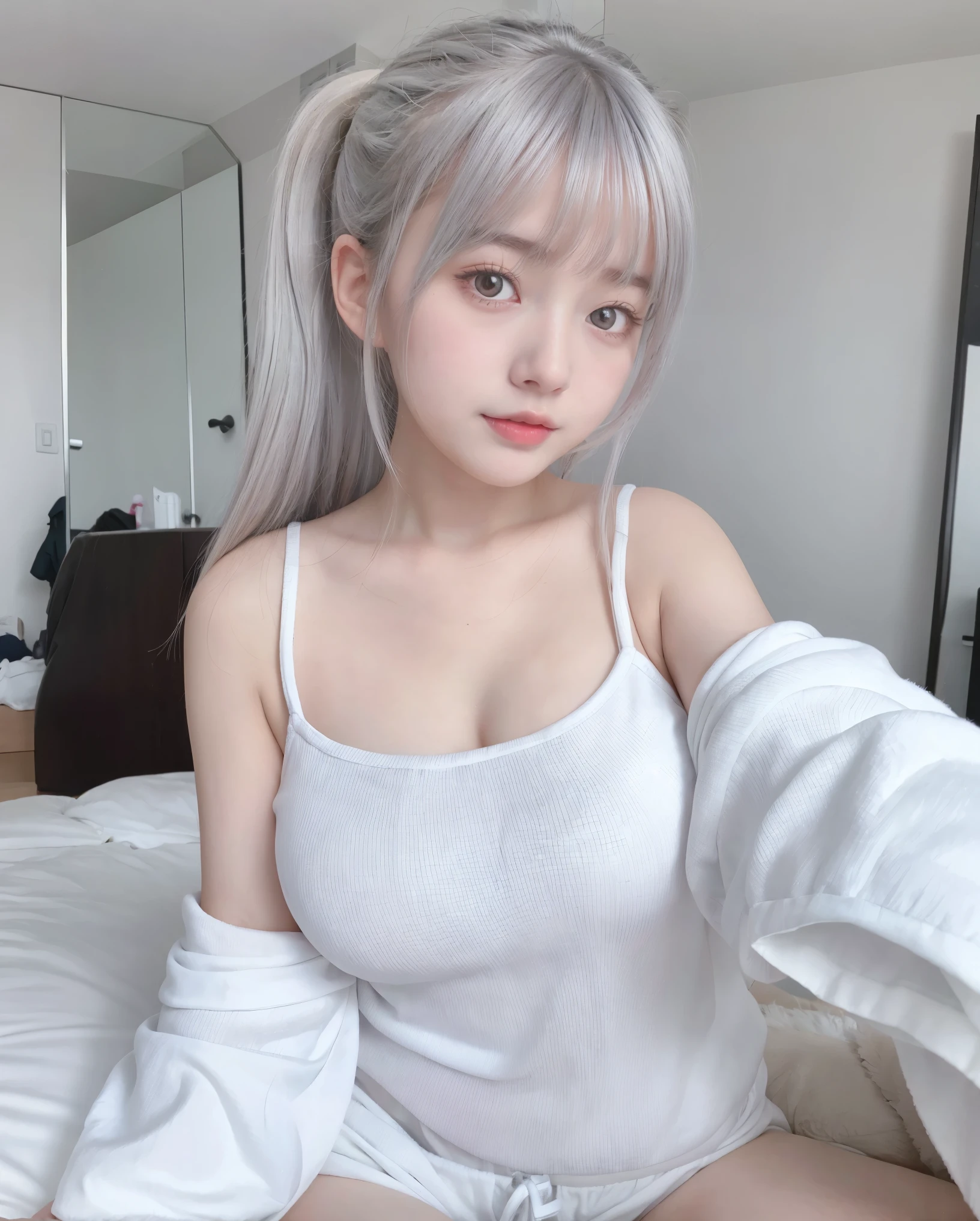 1 Girl, Beautiful, , 20 Years Old, White Skin, Large Breasts, White Thin Loose Pajamas, Skinny, Posing For Photos in The Bedroom, Gurly Bedroom, Grey Hair, Silver Twintail, ((adorable:1.1)), ((masterpiece:1.1)), Sleepy Cute Face