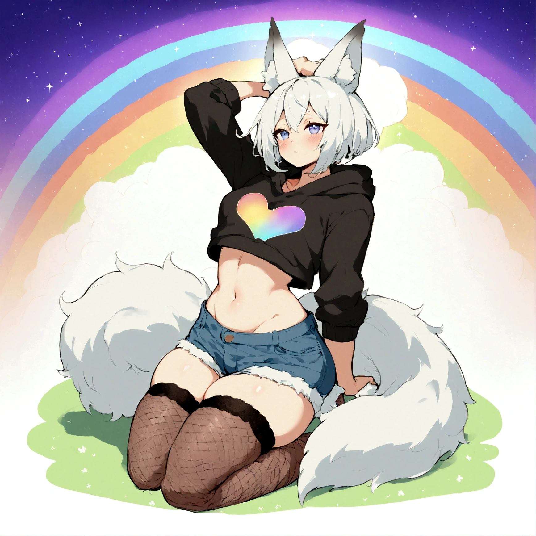 a cute adult male with wolf ears, white hair, has a wolf tail, wearing a loose cropped oversized black hoodie, wearing a pair of denim short shorts and fishnet stockings, thick thighs, wide hips, relaxing on mound of fluffy multi colored kawaii plushies, short, very slim, showing slender tummy, stretching out, heart on hoodie, squishy thighs, has glowing blue eyes. alone, solo (ALONE)(SOLO), surrounded by rainbows, colorful galaxy backround