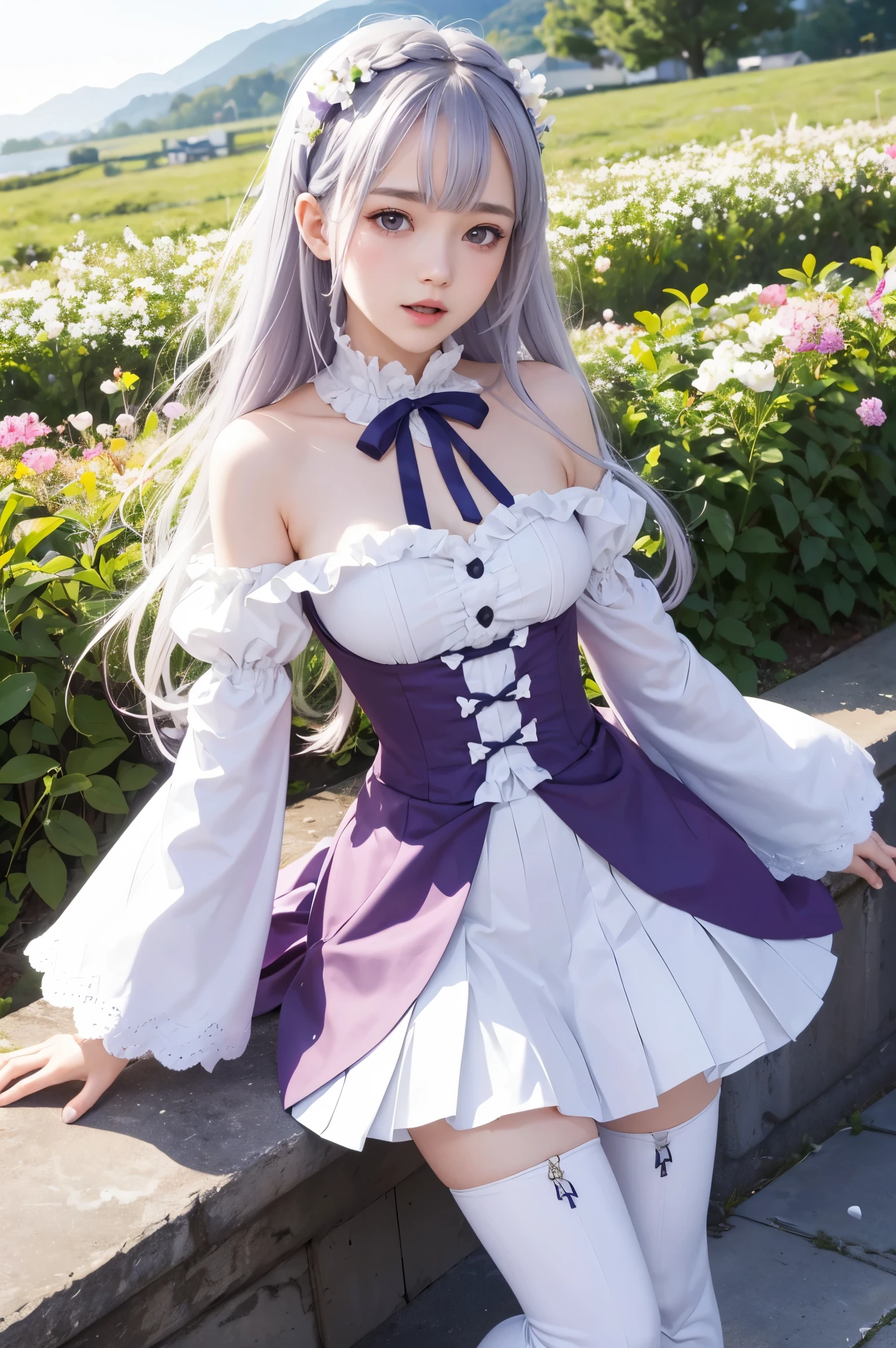 Emilia  (re: zero ), hair accessories, 1 girl, long hair, bangs, thigh height, flowers, hair flowers, braids, purple eyes, hair ribbons, pleated skirts, ribbons, white flowers, skirts, separated sleeves, miniskirts, blunt bangs, boots, bare shoulders, white leggings, wide sleeves, smiles, looking at the audience, outdoor, powder blusher, eyebrows visible through hair, purple ribbons, silver hair, thigh boots, very long hair, dresses, low tied long hair, day，zettai ryouiki，solo， Open mouth, tightly clenched hand