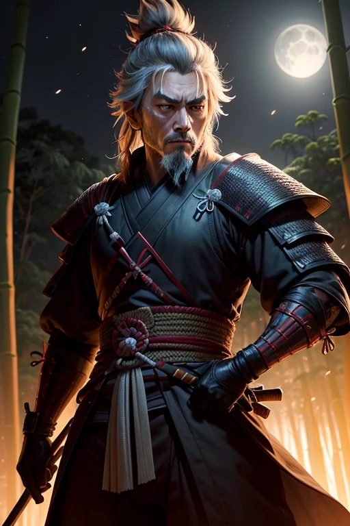 Miyamoto Musashi, Ultra-realistic photos, Seen from the front, Severe, There was a look of determination on his face. He is in the foreground, It stands out against the bamboo forest background.. The full moon shines brightly in the night sky, Cast a soft light on the forest, Create dramatic contrast. Details of Musashi's armor and sword are visible in high resolution, Revealing the truth about the samurai era. This scene exudes tranquility and power.. Perfect for 16 formats of video:9 for YouTube. Photo taken by Yukihiro Sato with a high-resolution camera, Capture every detail precisely. 8k, Ultra-high resolution, Super Resolution. --v 5 --q 2