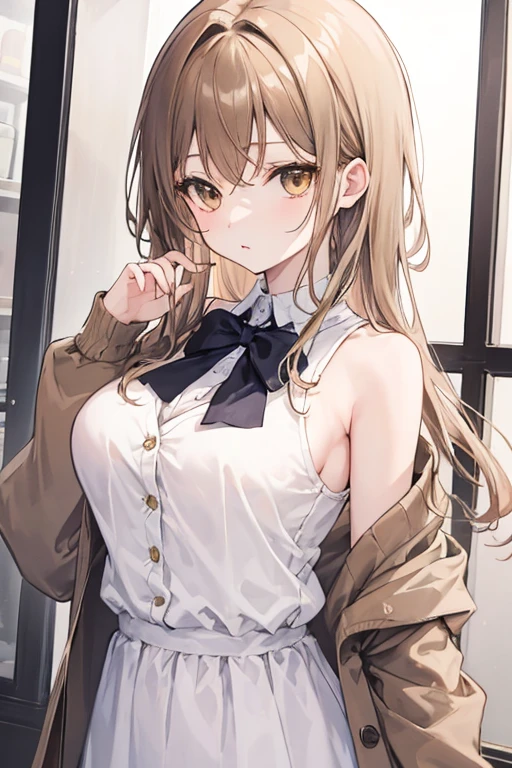 Anime, teenage girl, big breasts, Long hair light brown color., light brown eyes, Wear a cardigan that shows off your shoulders., wearing a white dress, smooth white skin, Looks very cute, Gentle and neat personality, Shy, Agasshi., Small and short