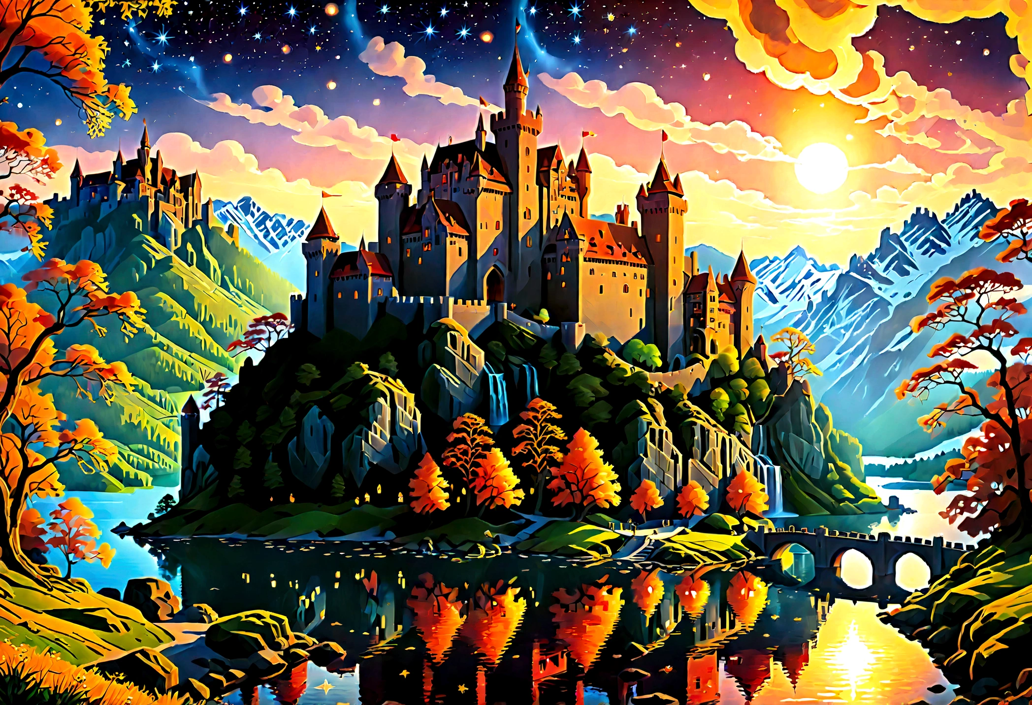 Arafed, an award winning picture, National Geographic style, magnificent artistic picture of a (castle: 1.4) on a mountain range near a lake at dusk, fantasy art D&D art, castle, with towers, turrets, barbican, it is dusk time, the sun is going down, and there are stars in the skies, the last rays of sun, there is a ((bridge lit by torches: 1.4)) crossing to the other side, fantasy forest background, ultra best realistic, best details, 16k, [ultra detailed], masterpiece, best quality, (extremely detailed), photorealism, depth of field, hyper realistic painting, Cinematic Hollywood Film style, digital art