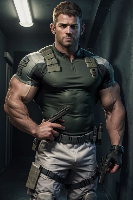 1 man, solo, 35 year old, Chris Redfield, wearing a green T-shirt, serious face, looking at the camera, white color on the shoulder and a bsaa logo on the shoulder, military tactical suit, equipment, (holding a pistol with 2 hands), tall and hunk, biceps, abs, chest, best quality, masterpiece, high resolution:1.2, upper body shot, dark black gloomy hallway with not background