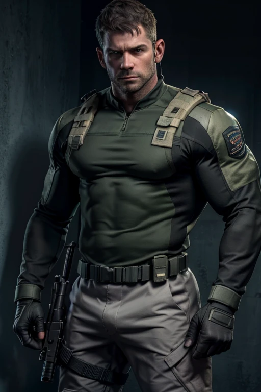 1 man, solo, 35 year old, Chris Redfield, wearing a green T-shirt, serious face, looking at the camera, white color on the shoulder and a bsaa logo on the shoulder, military tactical suit, equipment, (holding a pistol with 2 hands), tall and hunk, biceps, abs, chest, best quality, masterpiece, high resolution:1.2, upper body shot, dark black gloomy hallway with not background