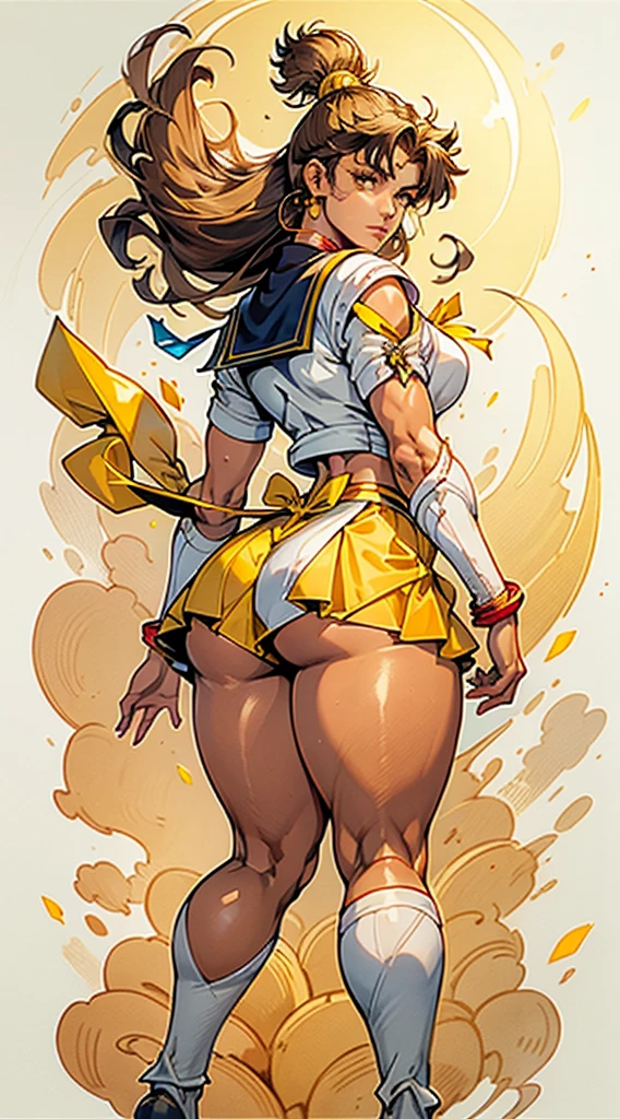 (((thin 1girl)))) ((((thick thighs toned body)))) (very dark black tanned skin) black hair mohawk braided yellow eyes tight cropped shirt short flowing skirt serious face red bue and white sailor Moon outfit sailor Moon cartoon character outfit dressed as sailor Moon colorful very short wind blown skirt standing with her back to the viewer looking back over her righ shoulder wind blowing hard