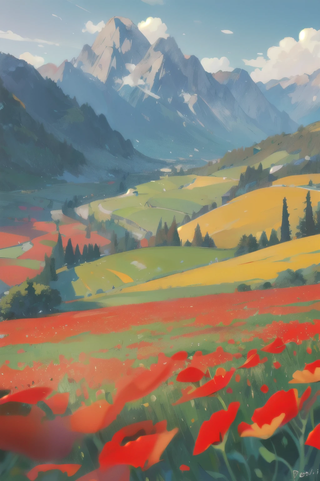((Best quality)), ((masterpiece)), (detailed), France,Provence,Mountain landscape,Mountains,River,field of poppies,close-up,Boke,